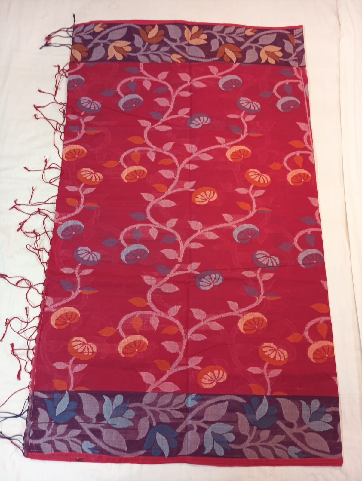 Dark Pink Bonolota Cotton Saree with Purple Fancy Border & Rich Pallu