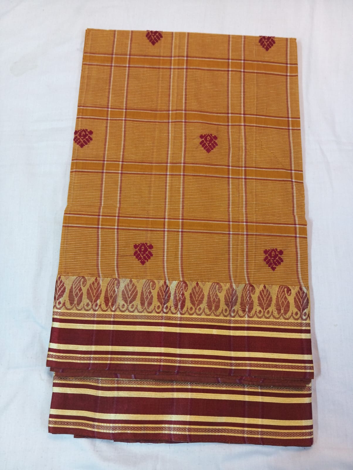 Mustard Checked Handloom Saree with Maroon Buti and Maroon Naksha Border