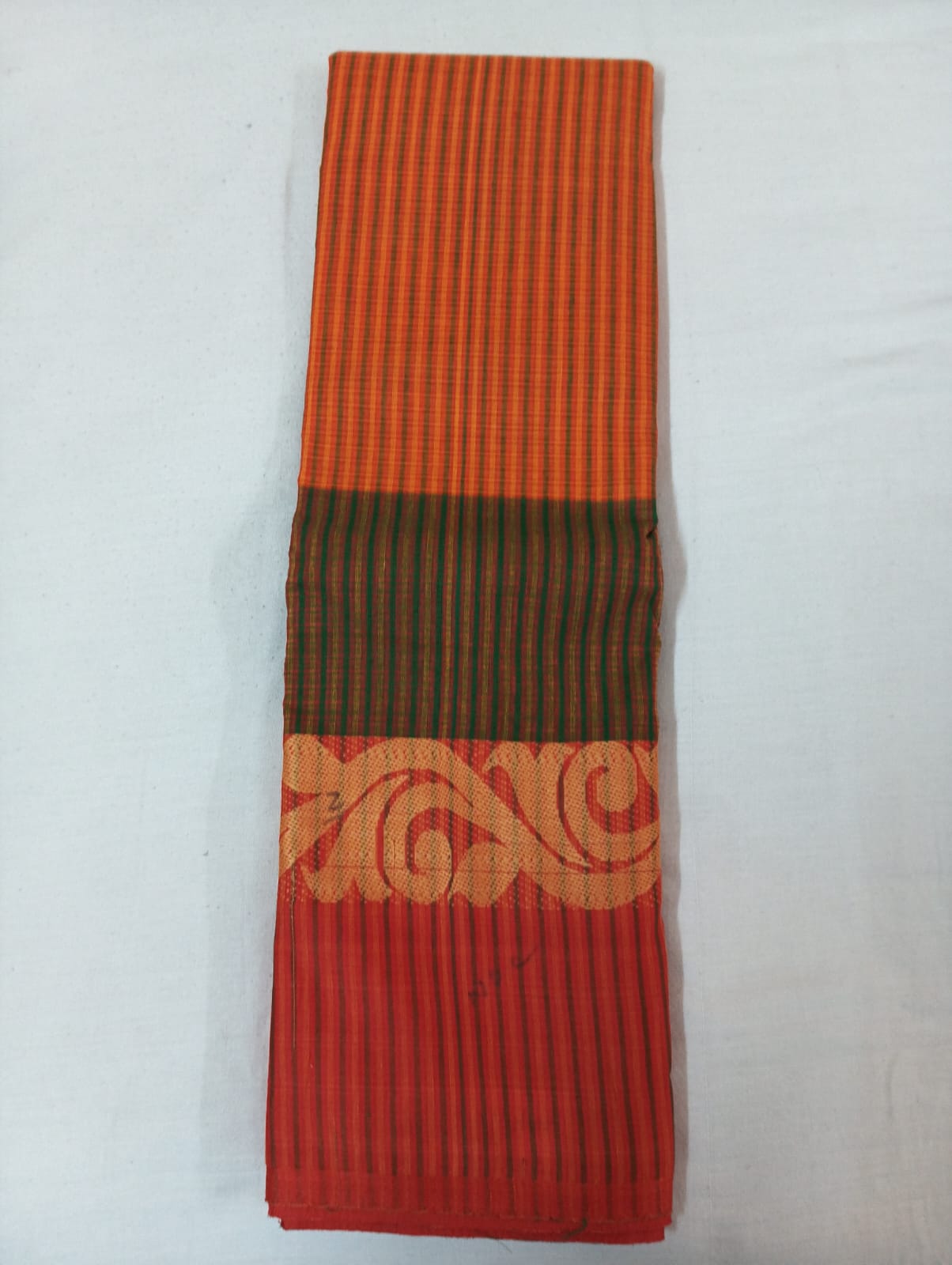 Orange & Green Dual Tone Based Cotton Handloom Striped Saree with Red Designer Border