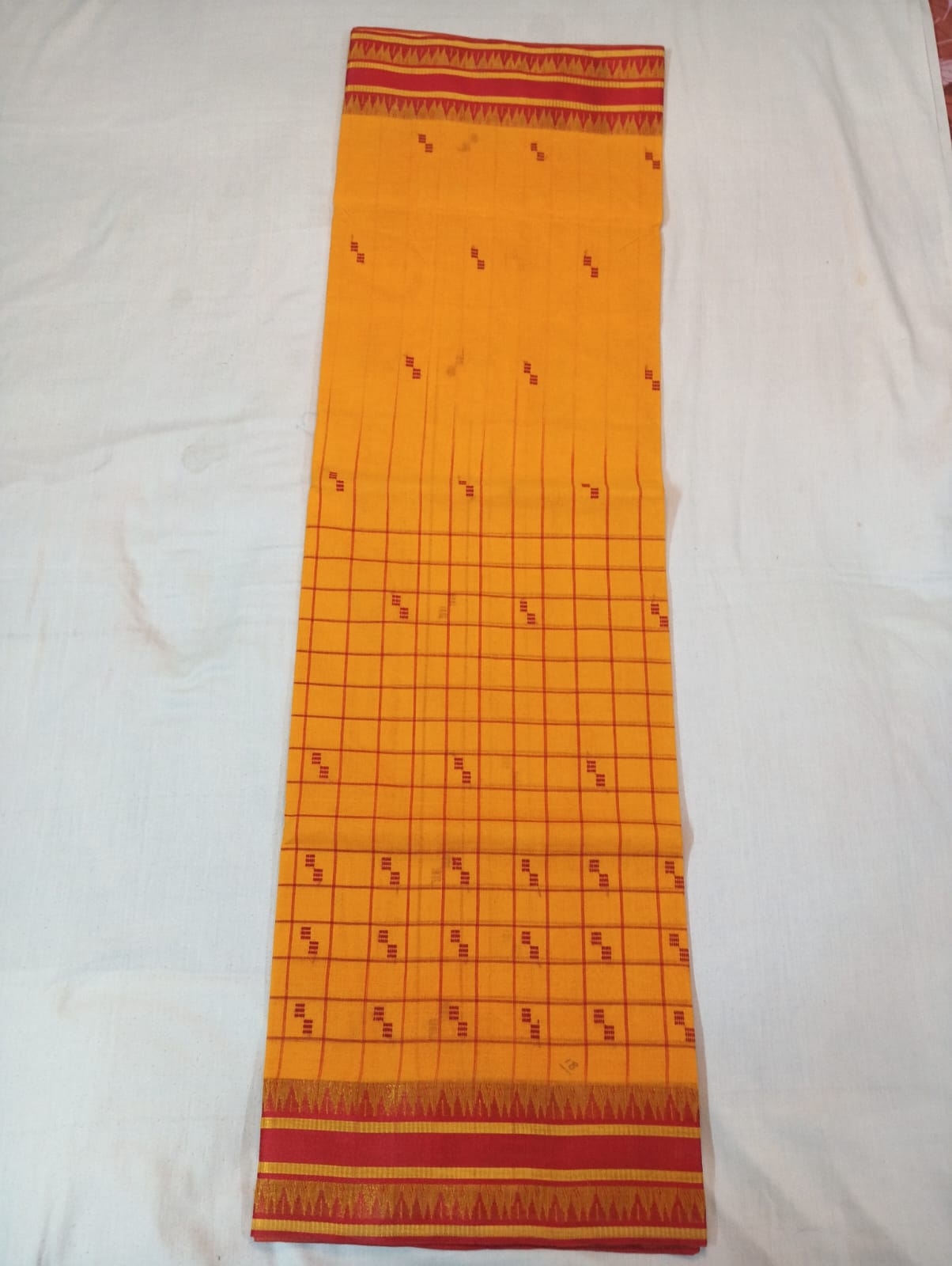 Yellow Half Checked & Half Plain Handloom Saree with Red Buti and Red Border