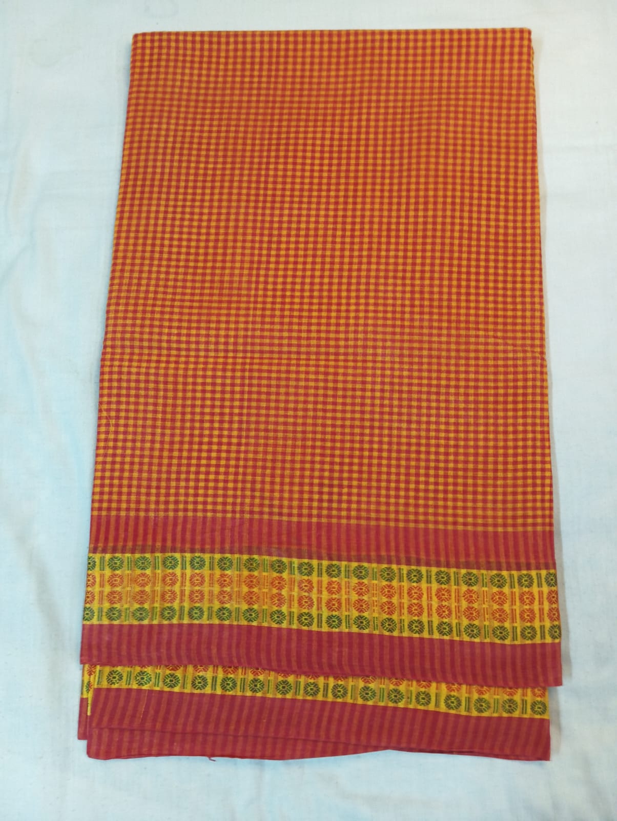 Orange Small Check Saree with Zari Border