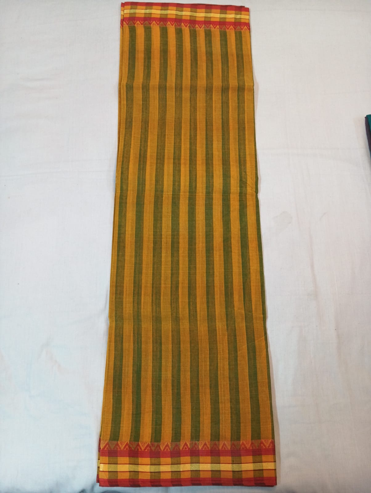 Yellow & Green Striped Saree with Red & Golden Border