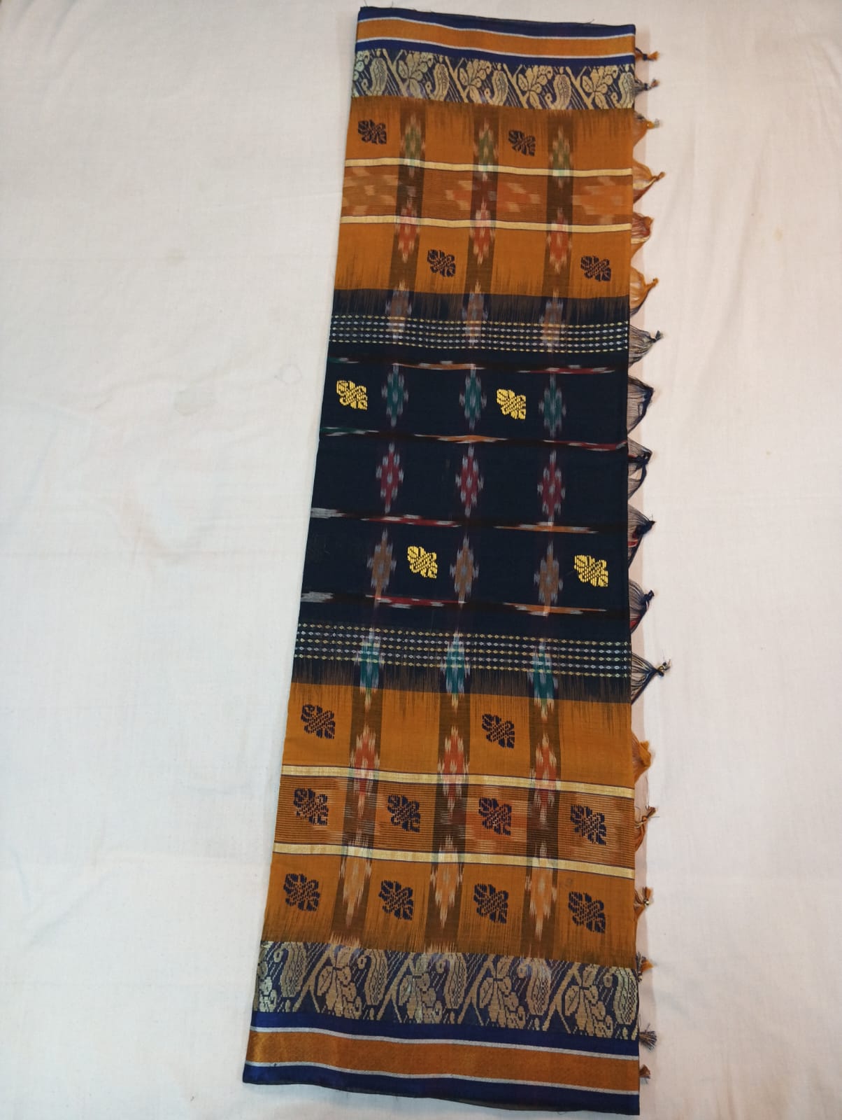 Mustard & Navy Blue Handloom Kotki Saree with Golden Border and Navy Blue & Golden Buti