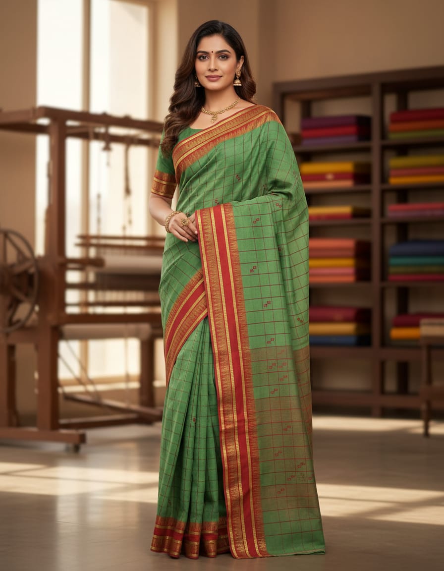 Turkish Green Half Checked Handloom Saree with Red Buti and Red Border