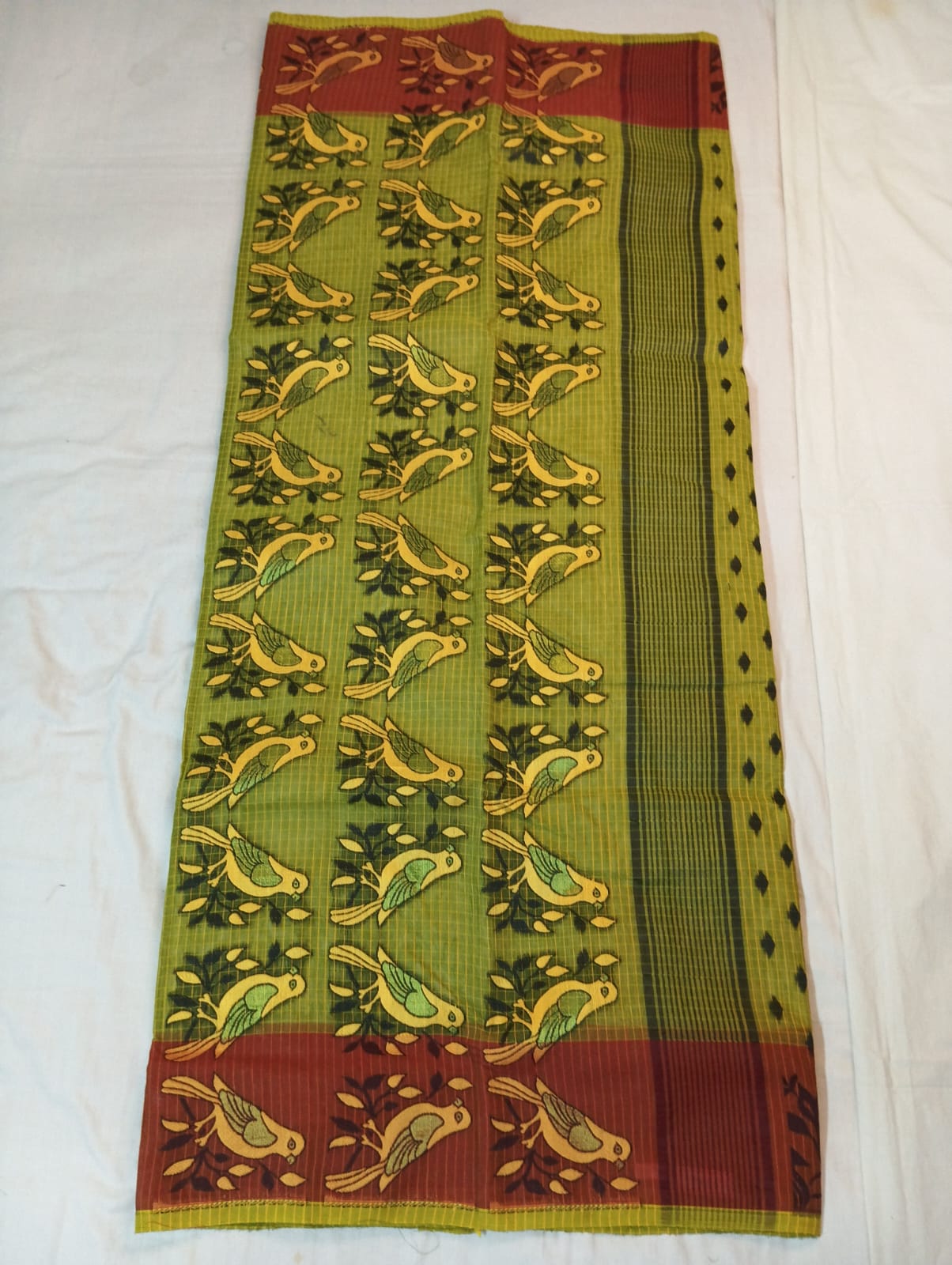 Light Mehendi Kota Check Saree with Fancy Buti, Maroon Border & Rich Pallu