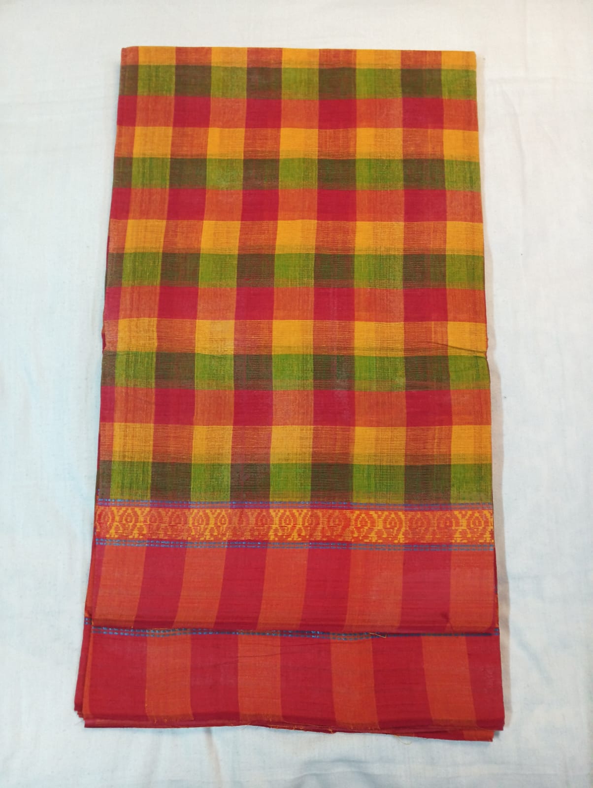 Double Color Yellow & Green Medium Check Saree with Orange Border