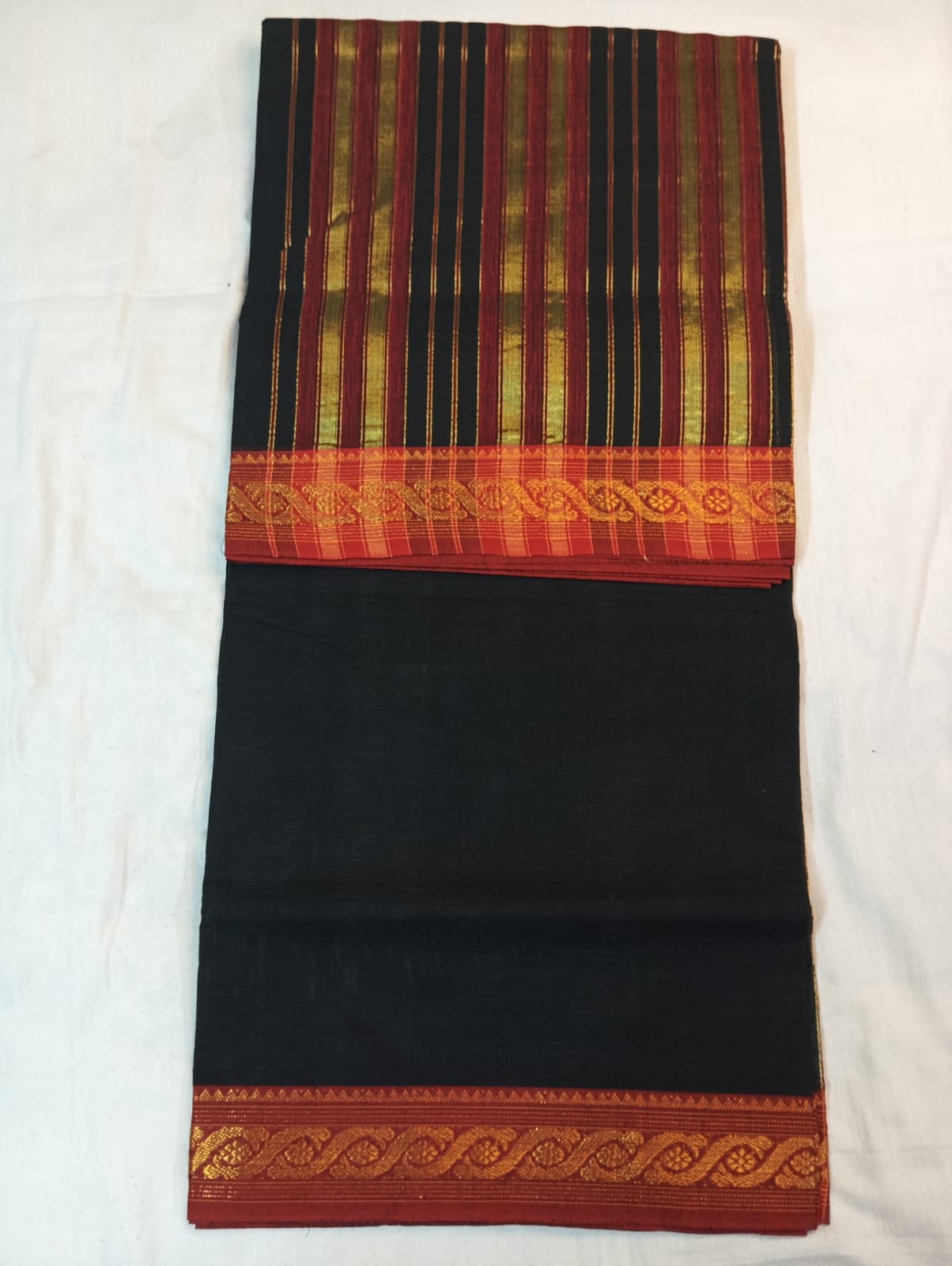 Elegant Black Saree with Red Border & Golden Striped Anchal