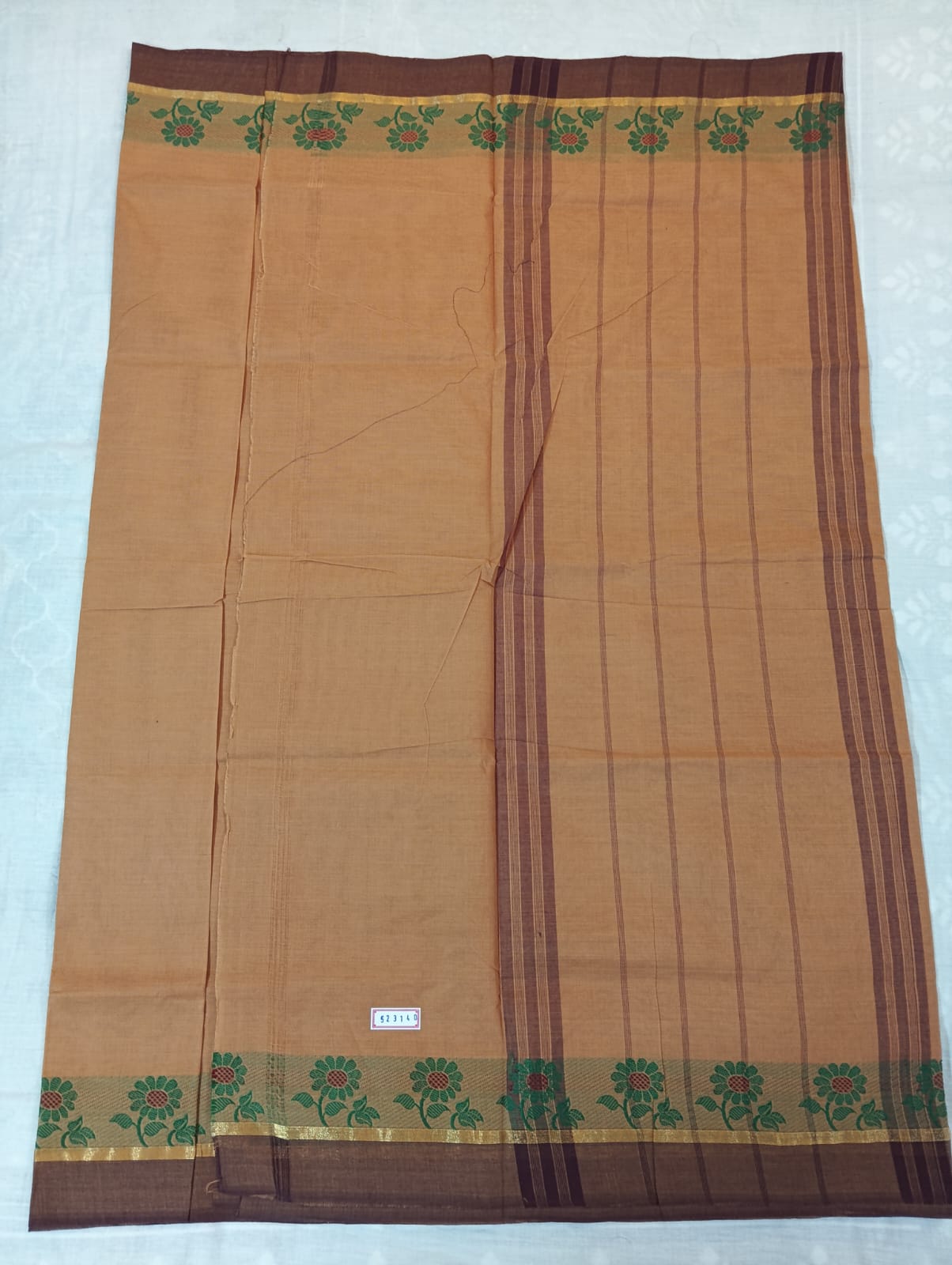 Biscuity Plain Saree with Coffee brown & Green Fancy Border (With Blouse Piece)