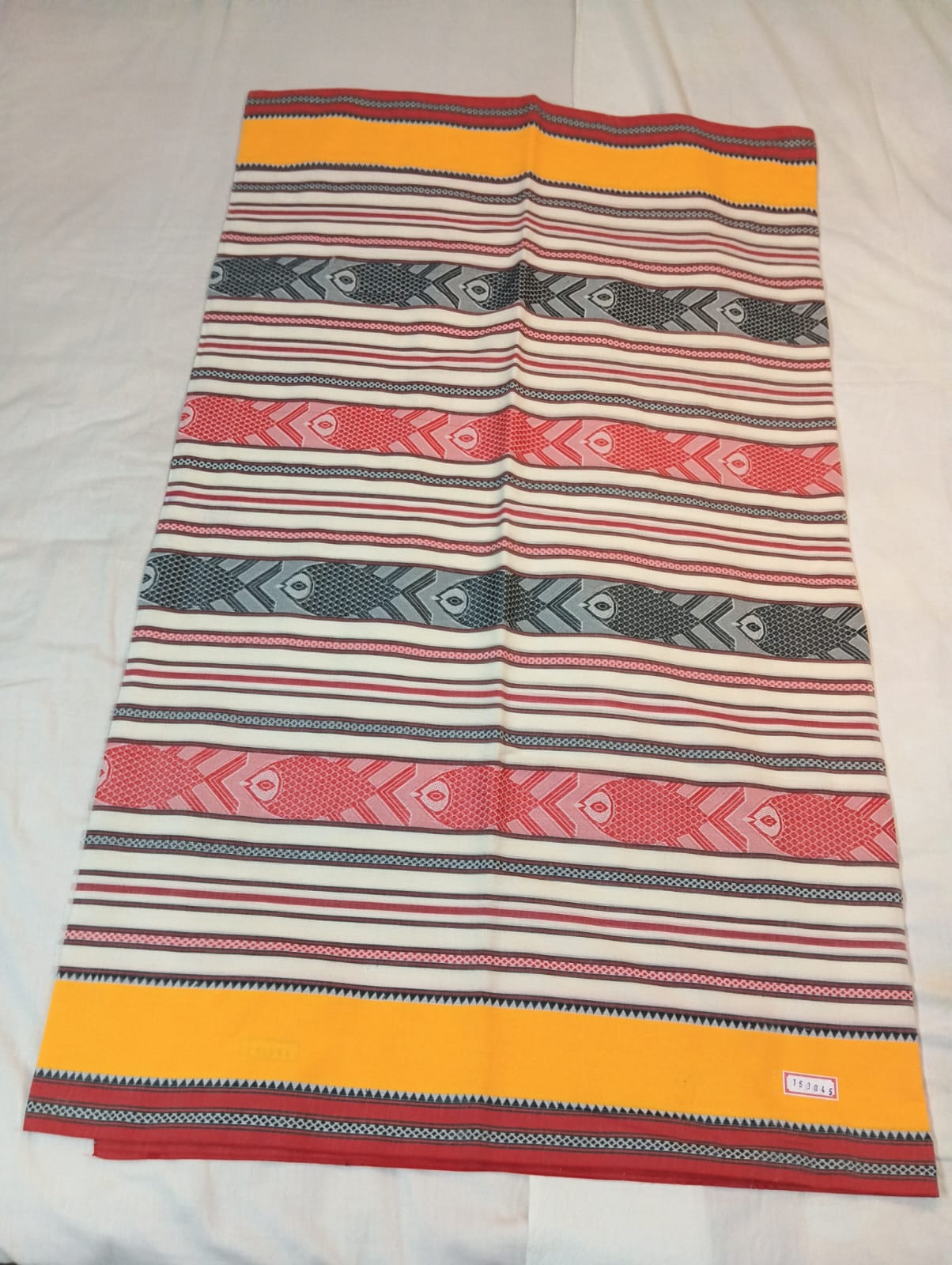 Cream Handloom Saree with Red & Grey Matsya Motifs and Yellow Border