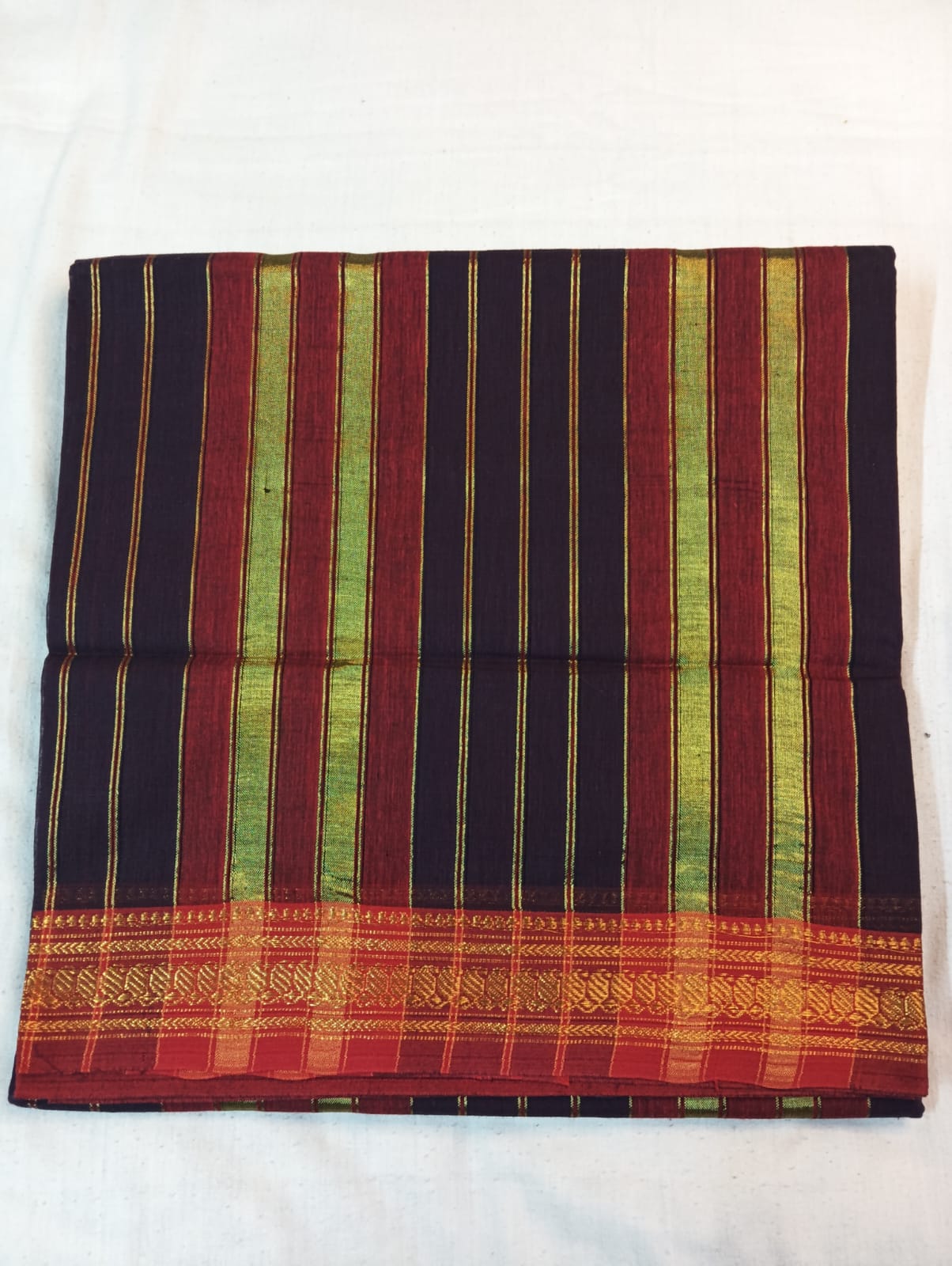 Dark Violet Saree with Red Border & Golden Striped Anchal