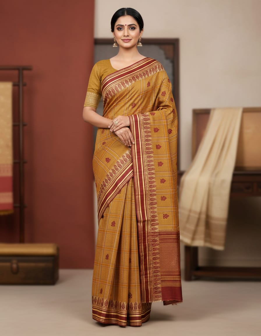 Mustard Checked Handloom Saree with Maroon Buti and Maroon Naksha Border