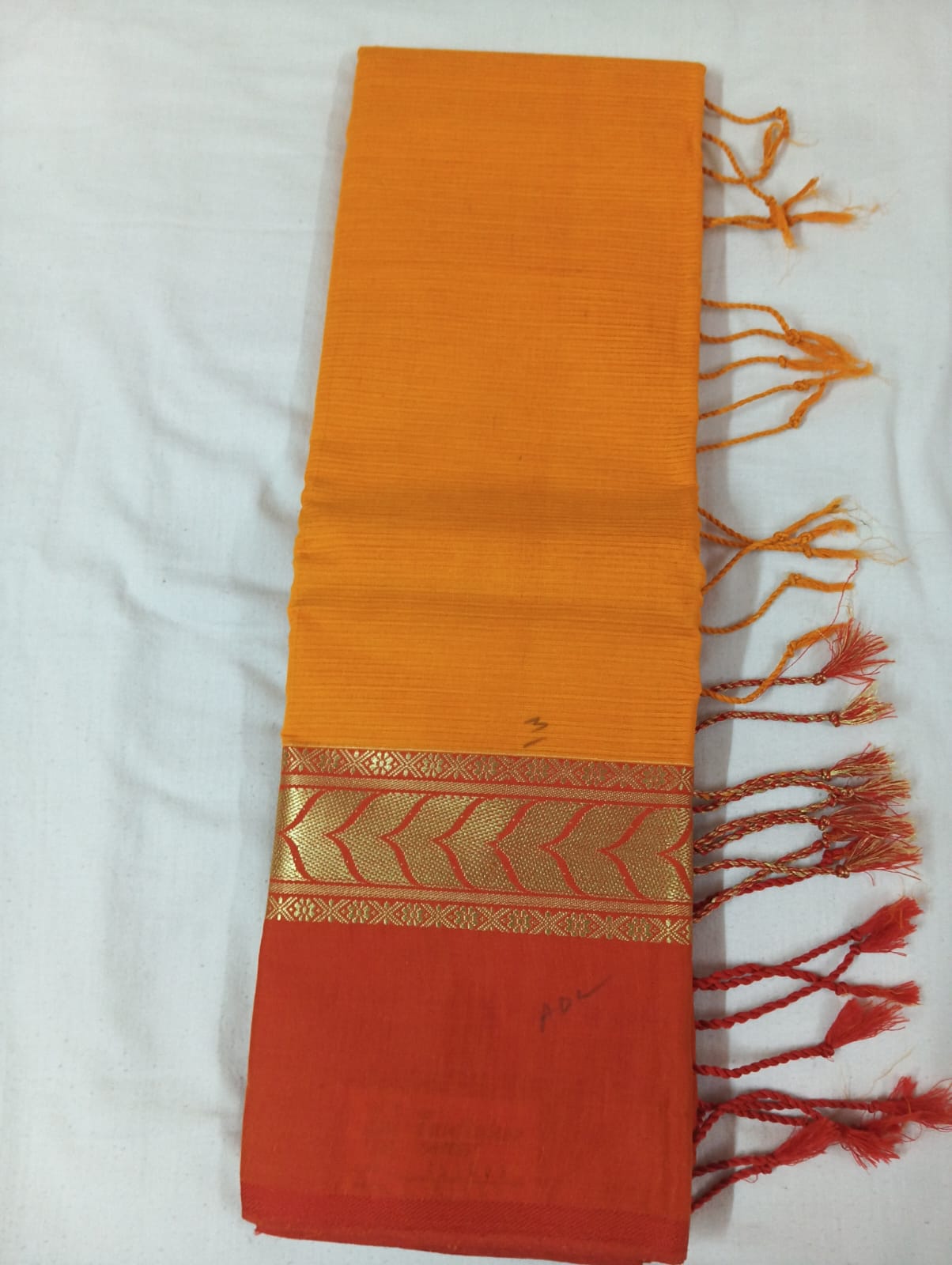 Mustard Plain Saree with Orange & Golden Border