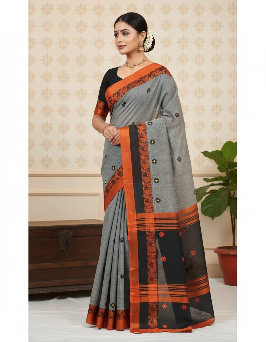 Grey Handloom Buti Saree with Orange Strip and Black Border with Orange Buti