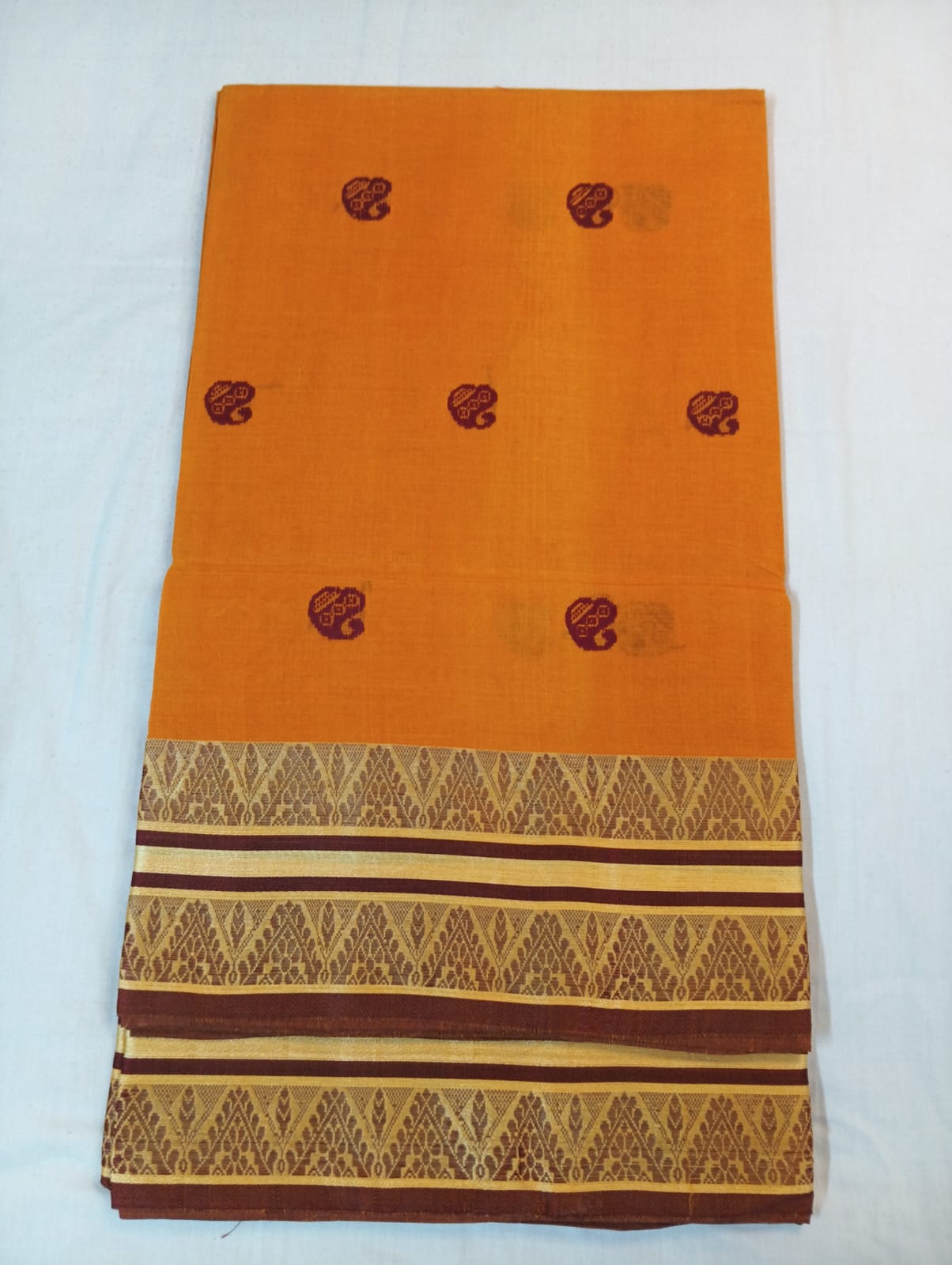 Orange Saree with Maroon Buti & Double Temple Border