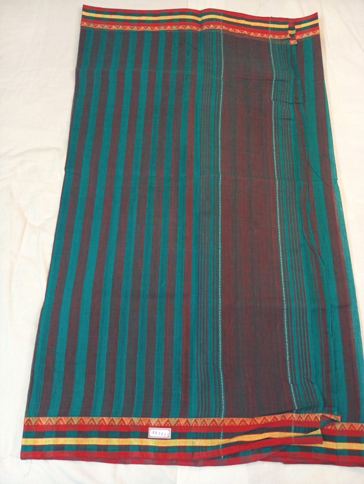 Turkish Green Striped Saree with Red & Golden Border