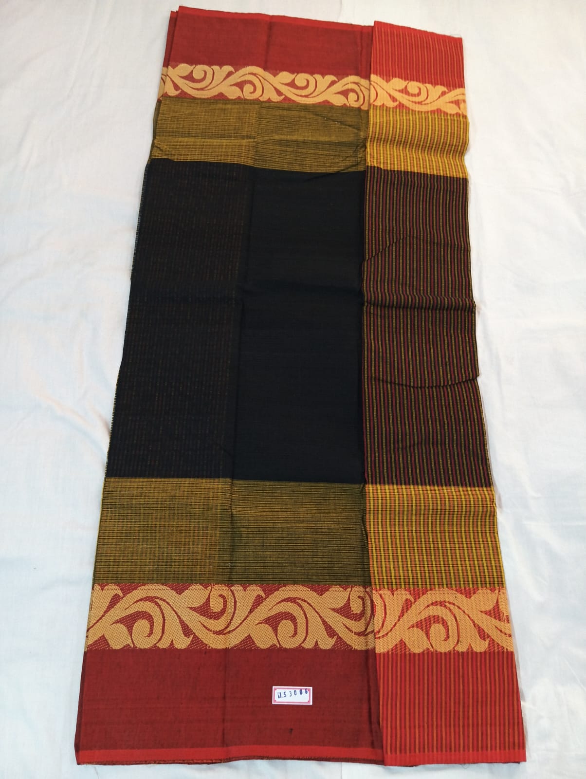 Black & Light Yellow based Cotton Handloom Striped Saree with Red Designer Border