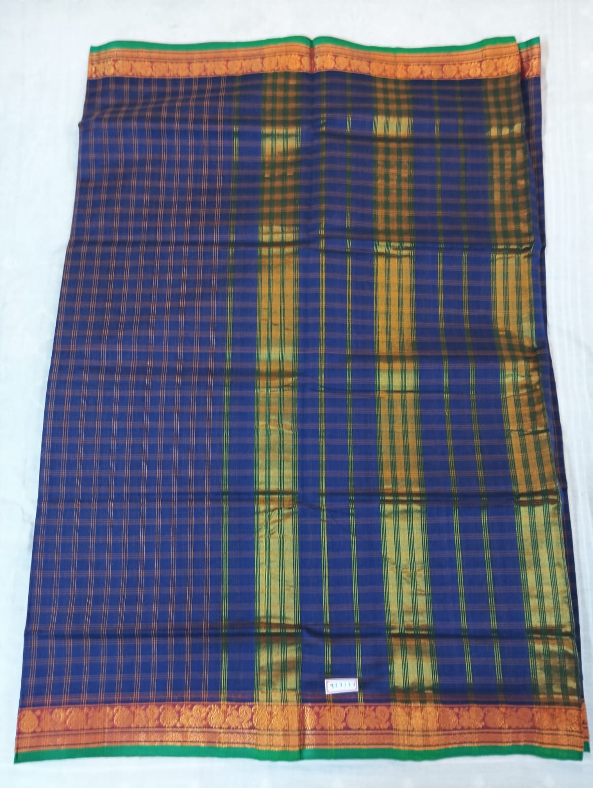 Blue Medium Check Saree with Red & Golden Border (With Blouse Piece)