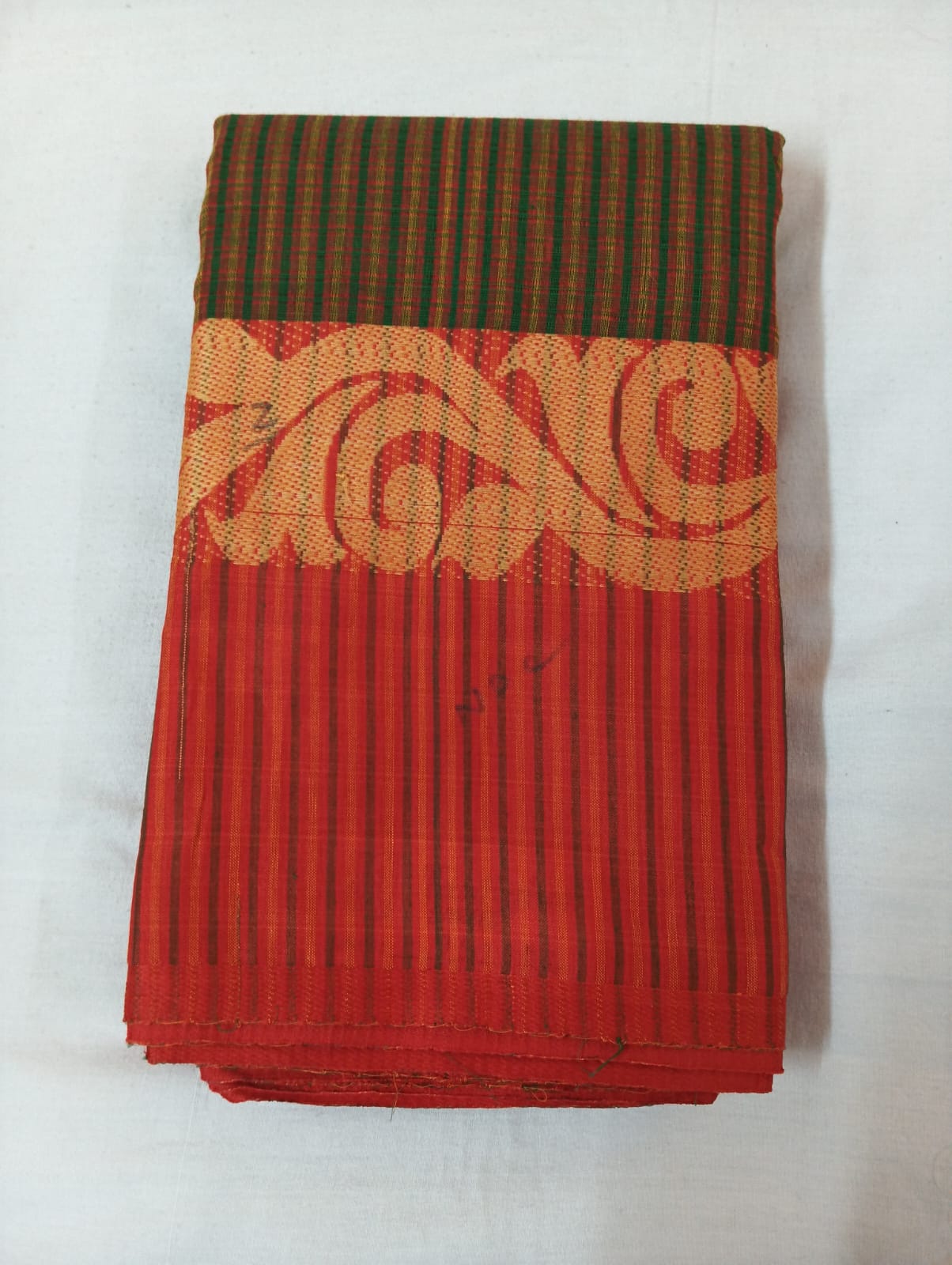 Orange & Green Dual Tone Based Cotton Handloom Striped Saree with Red Designer Border