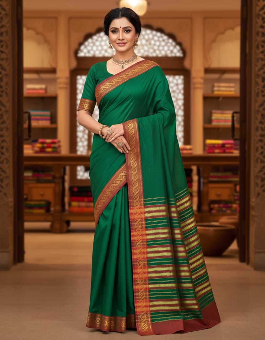 Parrot Green Saree with Red Border & Golden Striped Anchal