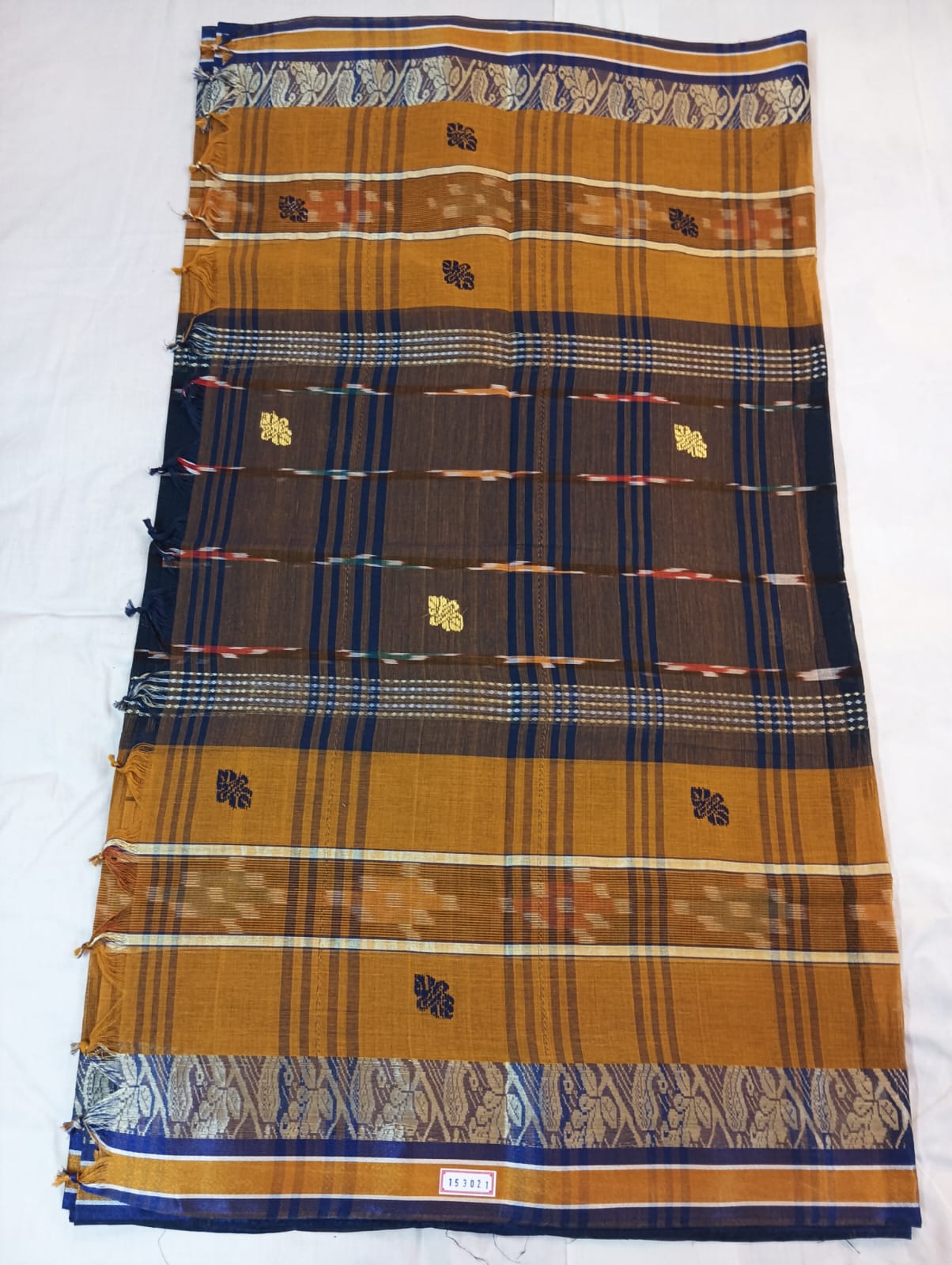 Mustard & Navy Blue Handloom Kotki Saree with Golden Border and Navy Blue & Golden Buti