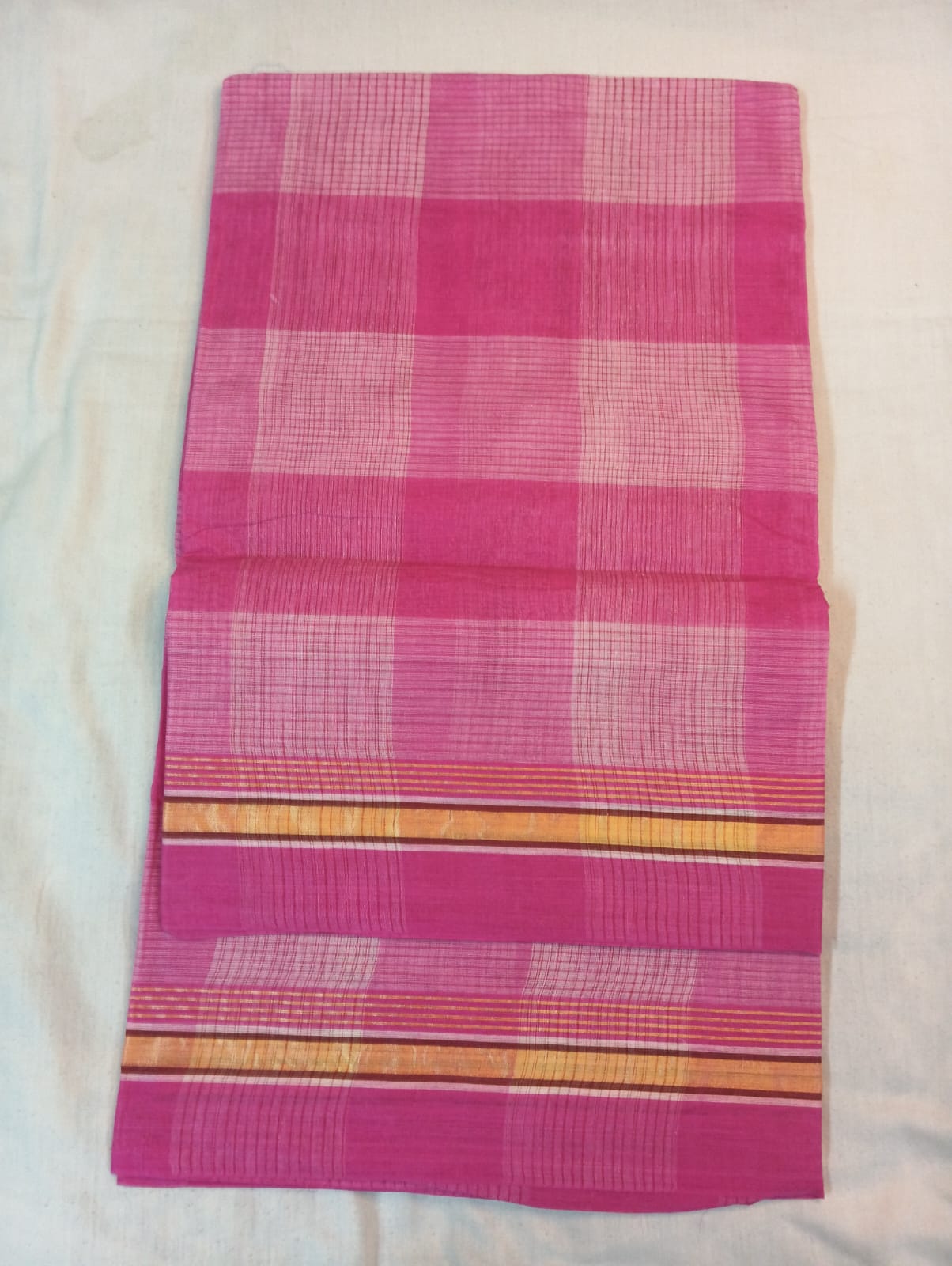 Pink & Cream Double Color Big Check Saree with Pink Border