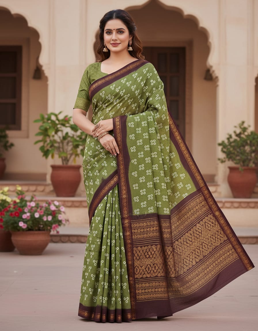 Mehendi Green Jaipuri Bandhej Handloom Saree