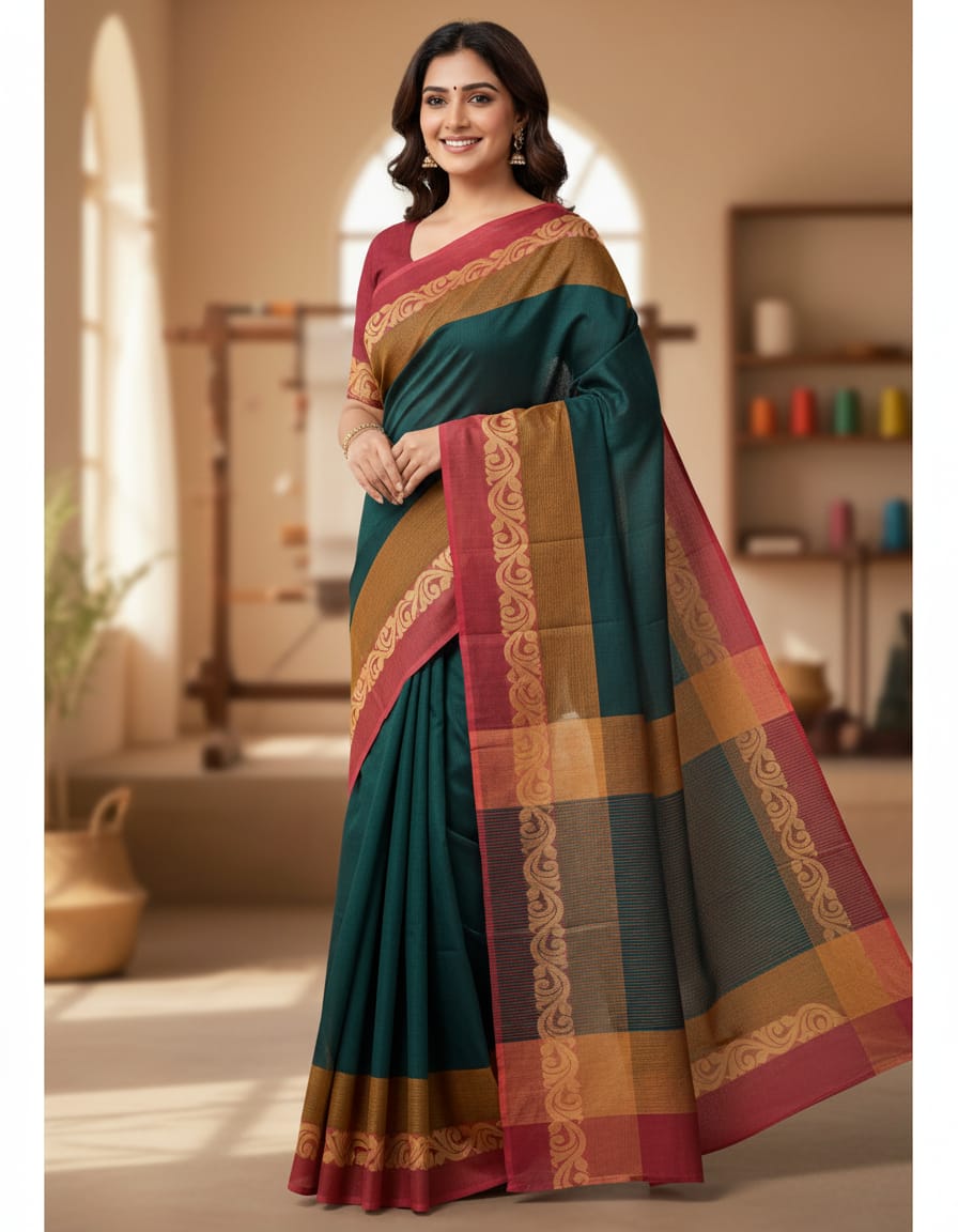 Royal Blue & Light Green Dual-Tone Striped Cotton Handloom Saree with Designer Magenta Border