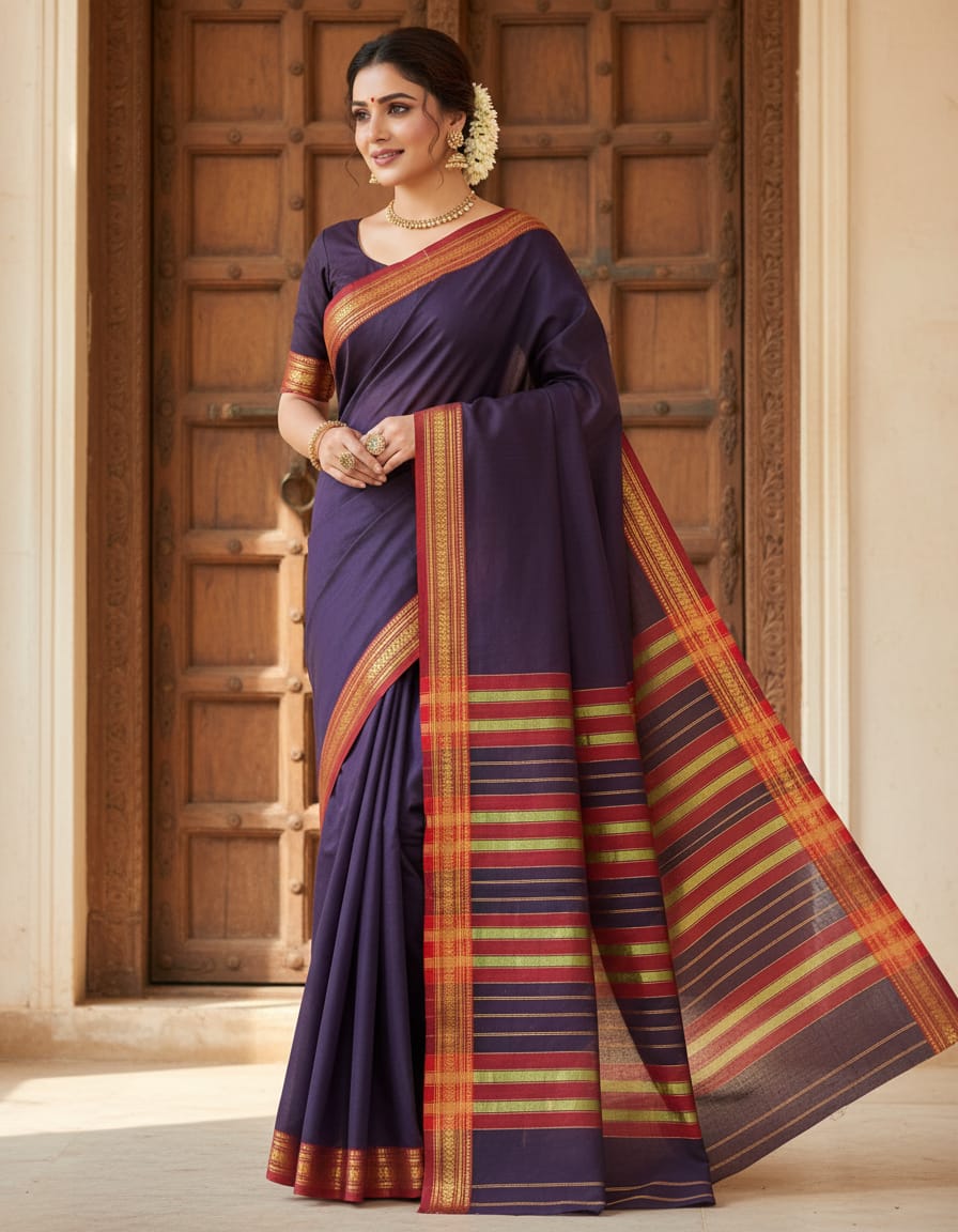 Dark Violet Saree with Red Border & Golden Striped Anchal