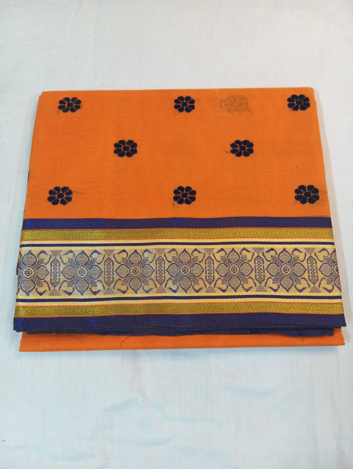 Orange Saree with Navy Blue Big Buti & Fancy Zari Border