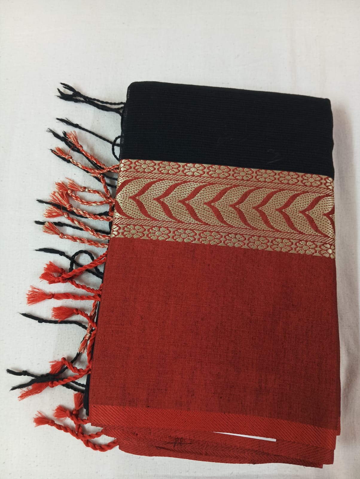 Black Saree with Golden Red Border