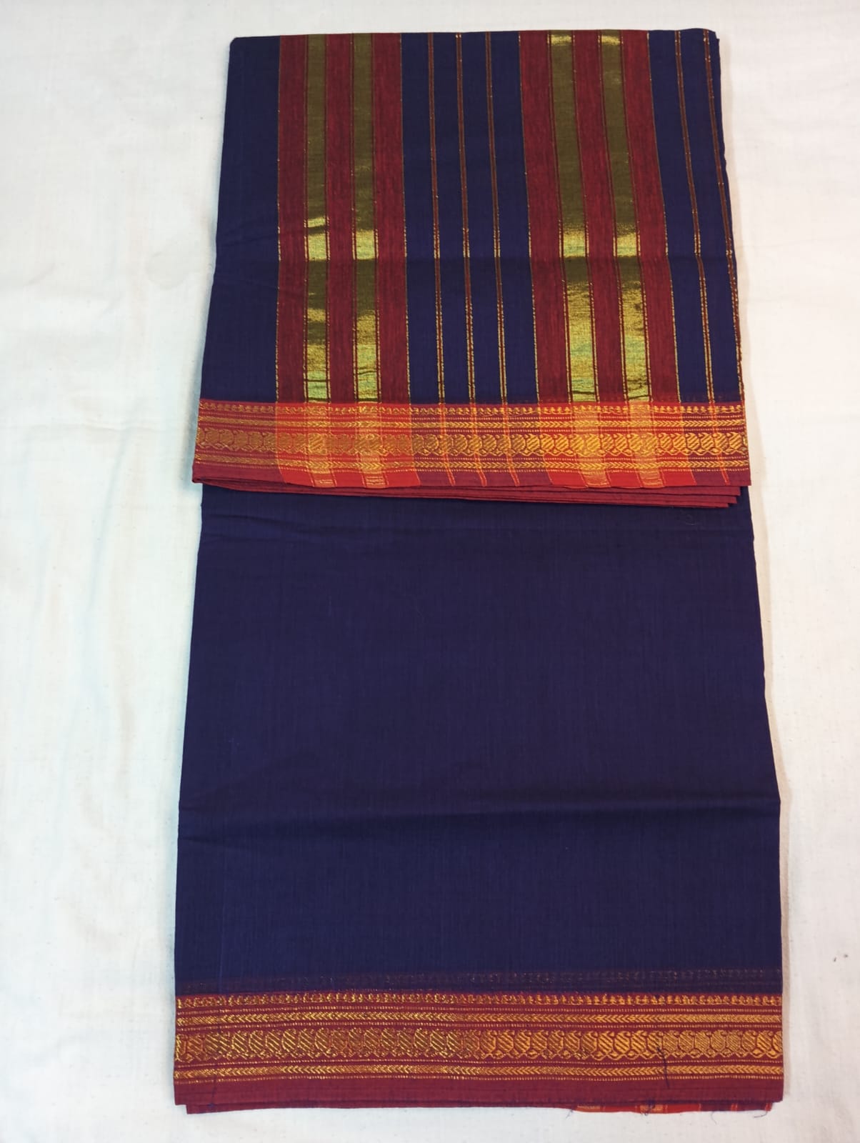 Dark Purple Saree with Maroon Border & Golden Striped Anchal