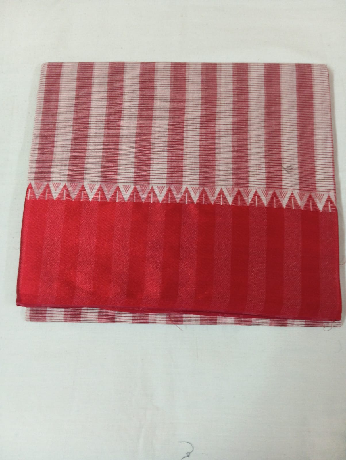Bold Red Thick-Striped Cotton Handloom Saree with Matching Red Border