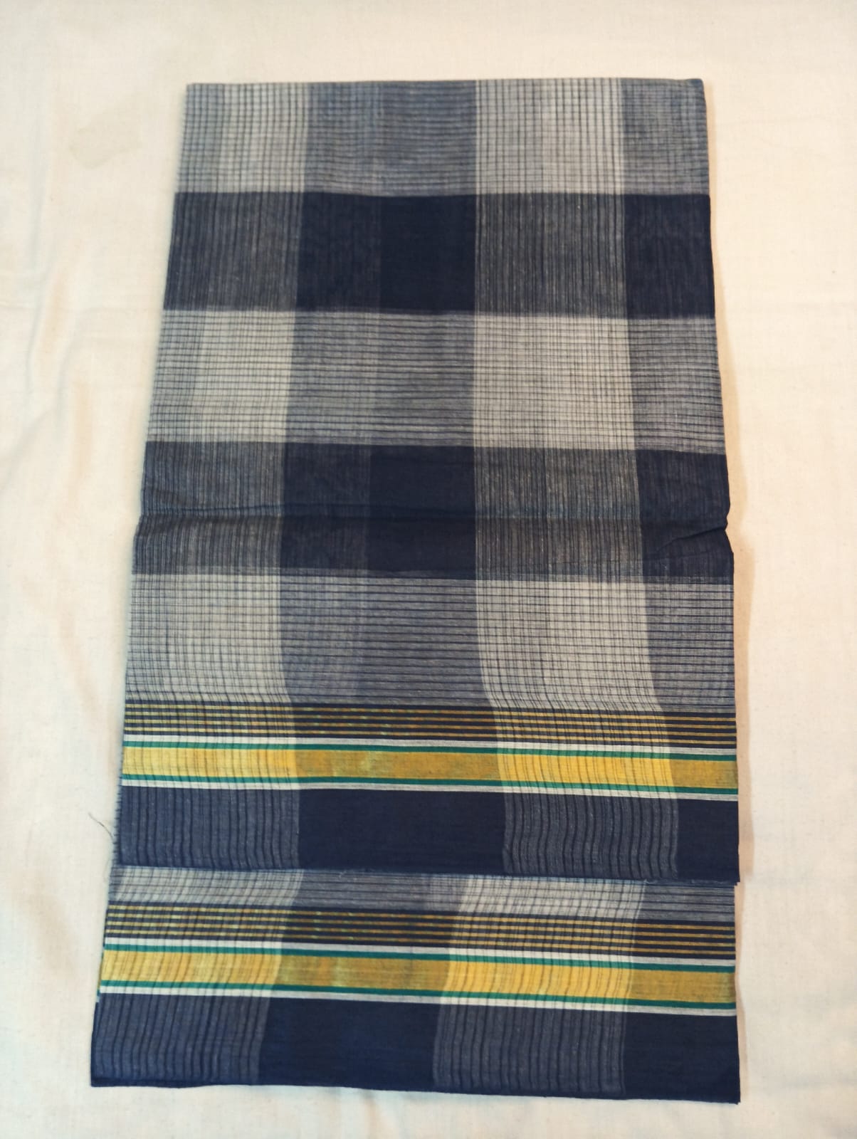 Grey & Cream Double Color Big Check Saree with Grey Border