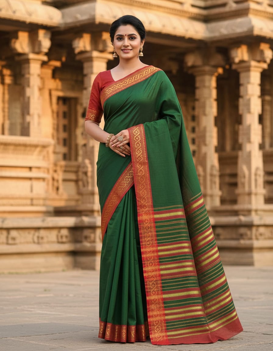 Mehendi Green Saree with Red Border & Striped Golden Anchal