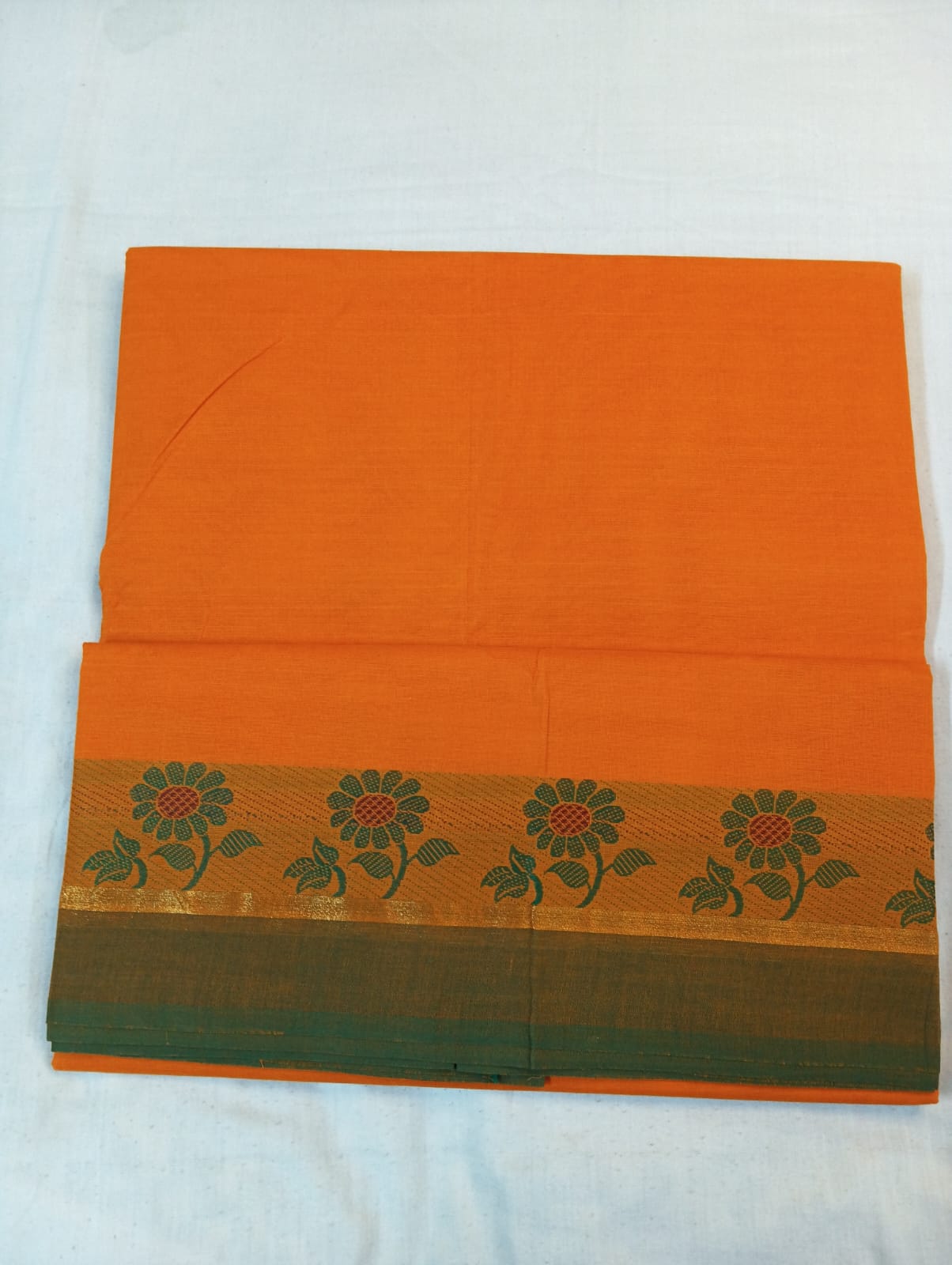 Plain Orange Saree with Green Fancy Border (With Blouse Piece)