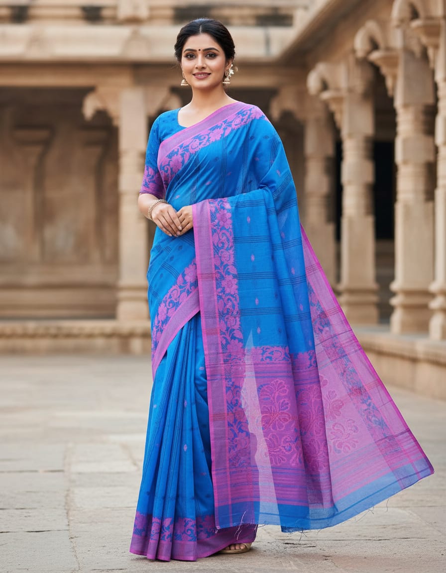 Ferozi Handloom Saree with Pink Border and Woven Buti