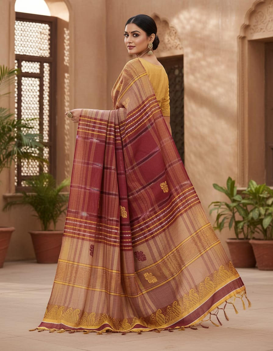 Biscuity & Maroon Handloom Kotki Saree with Golden Border and Maroon Buti