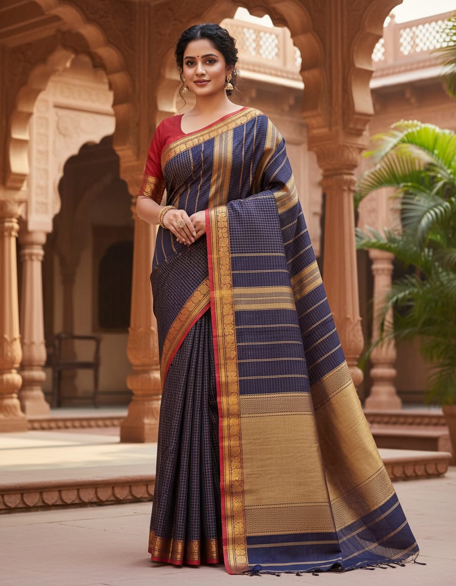 Purple Small Check Saree with Red & Golden Border (With Blouse Piece)