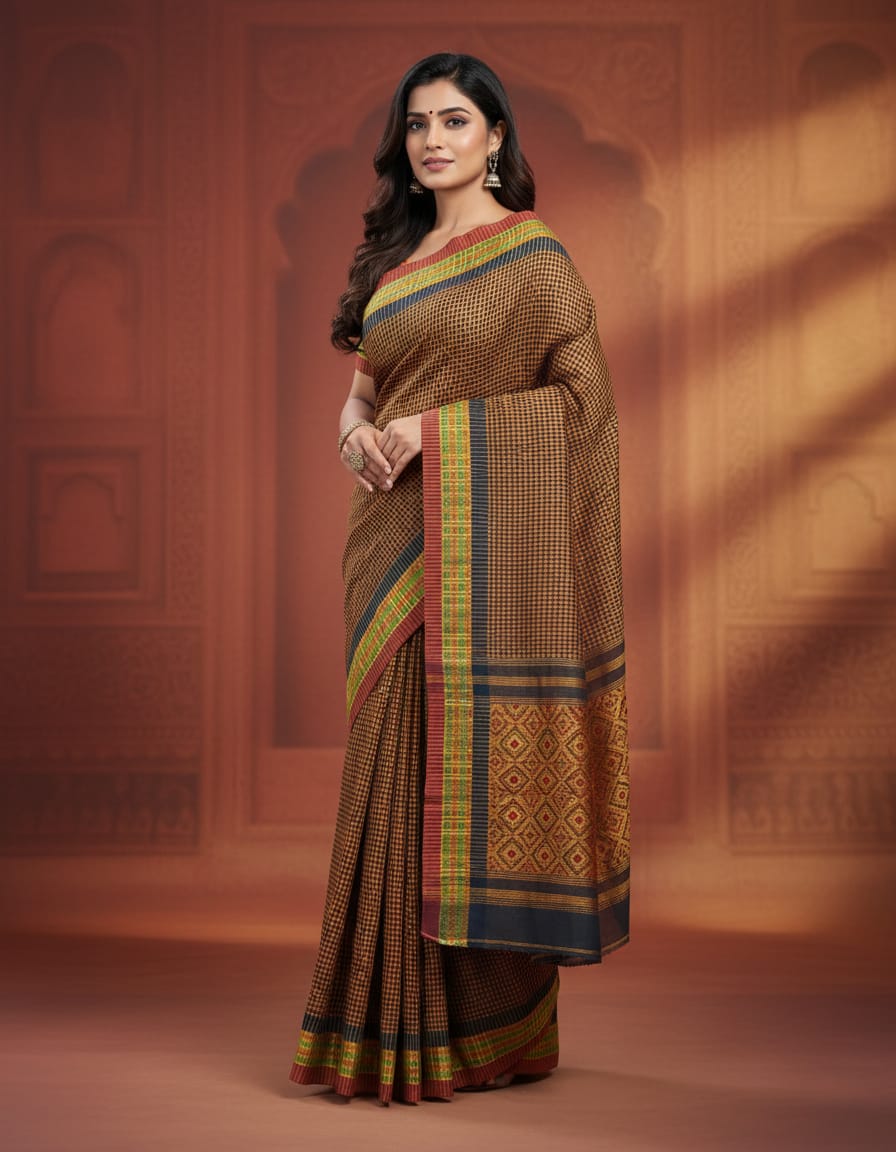 Small Mustard Check Saree with Zari Border