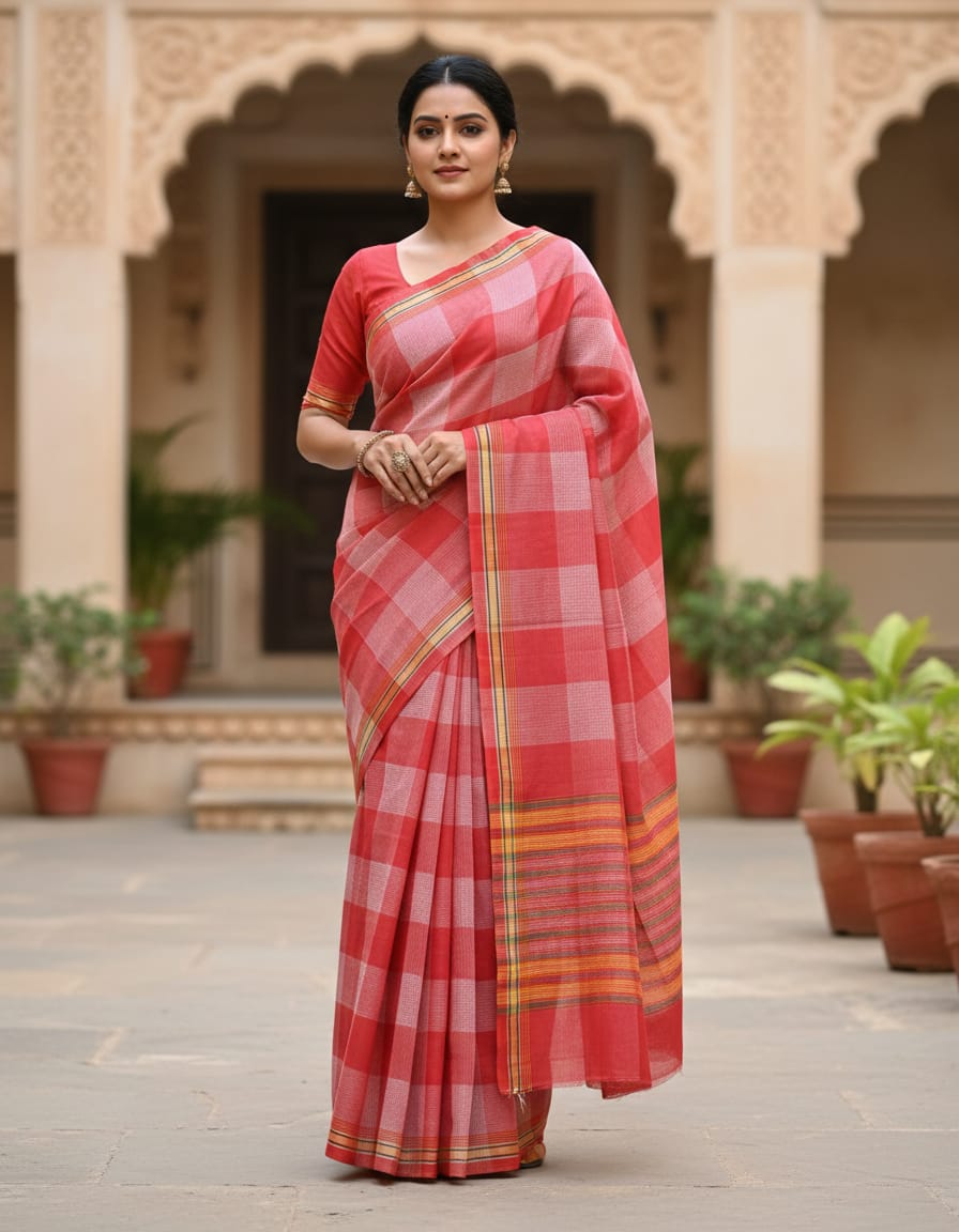 Big Double Color Check Saree in Orange & Light Pink with Orange Border