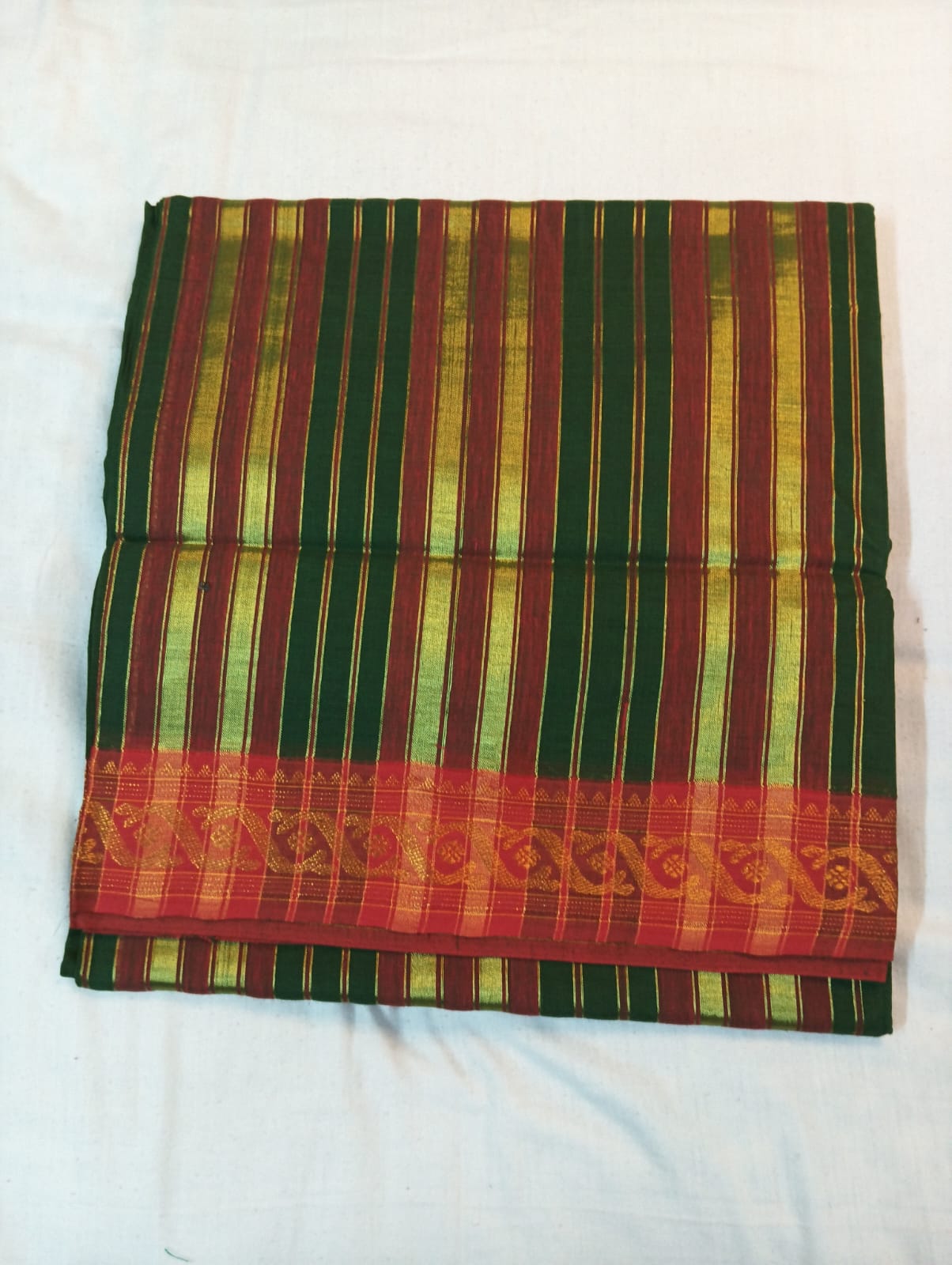 Mehendi Green Saree with Red Border & Striped Golden Anchal