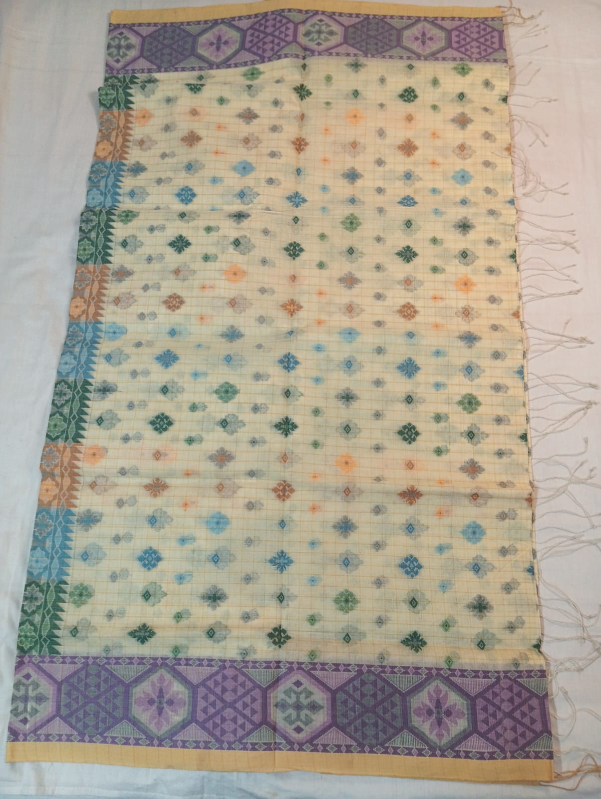 Off White Saree with Multicolored Buti, Light Purple Fancy Border & Rich Pallu