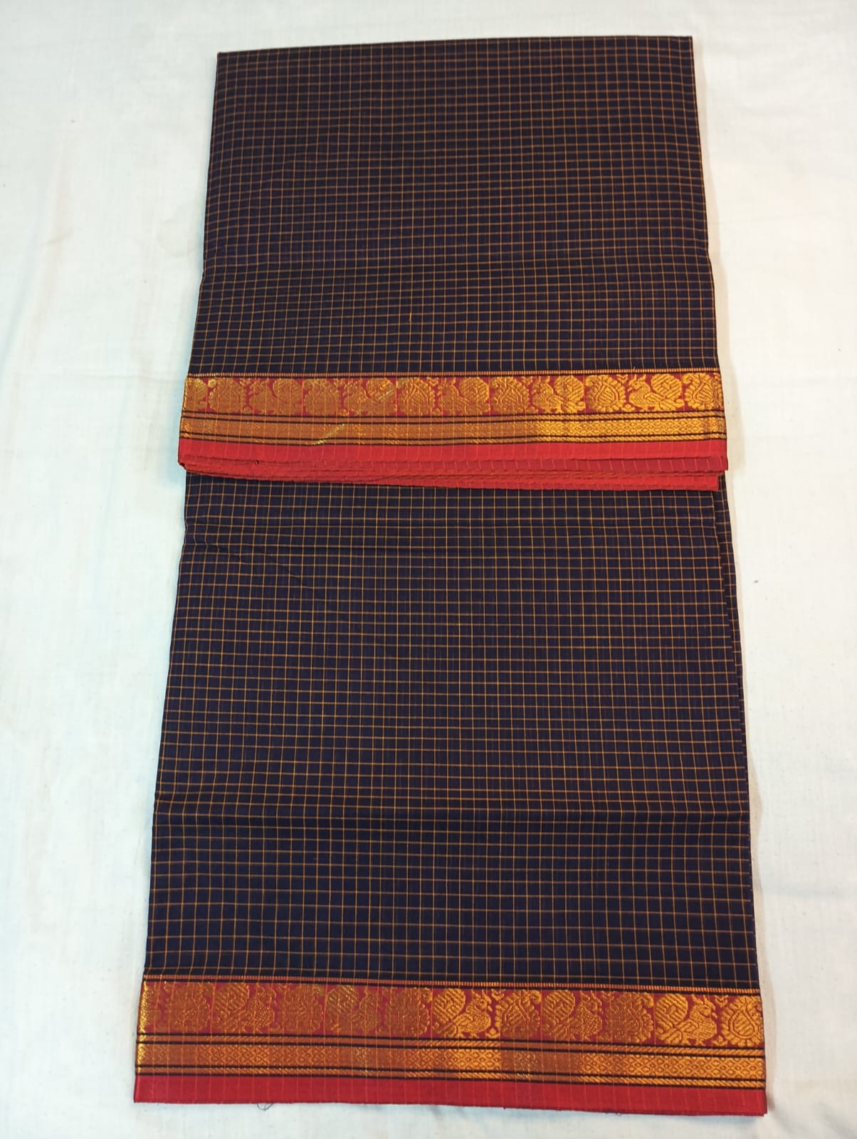 Coffee Brown Check Saree with Red & Golden Border