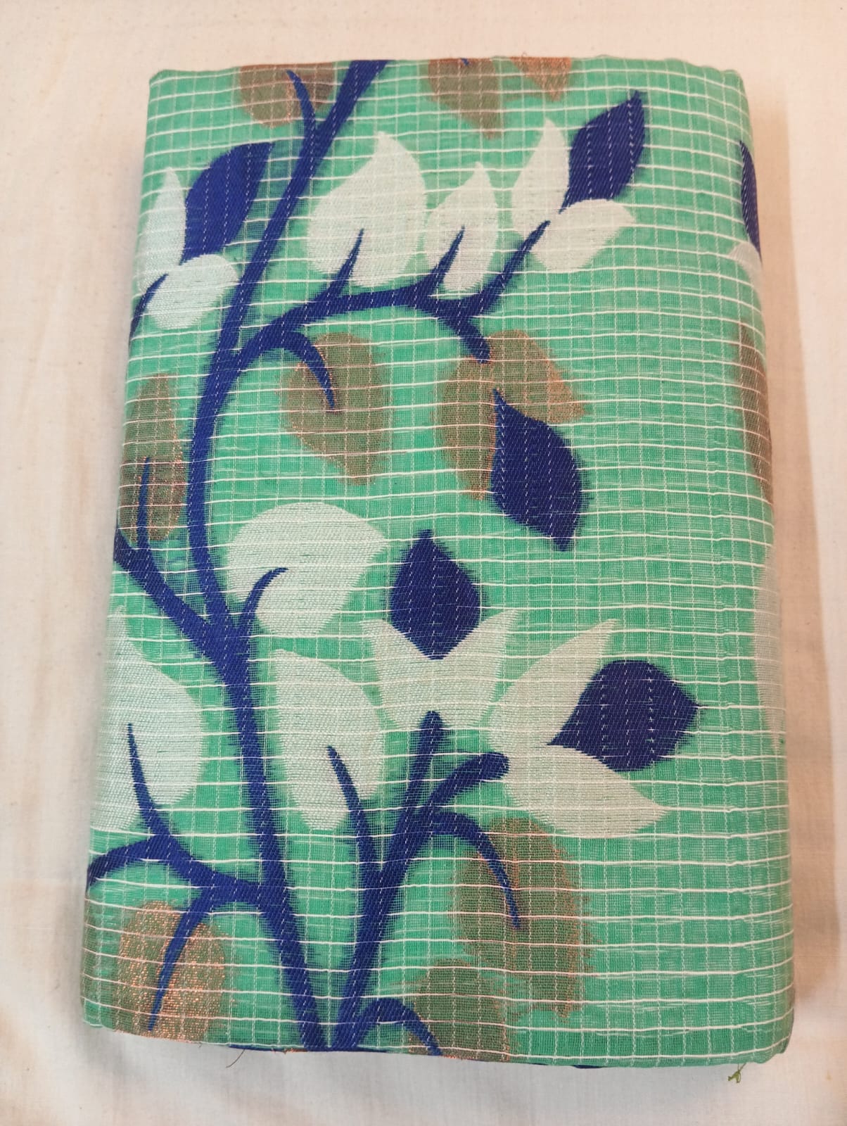 Light Sea Green Kota Check Saree with Fancy Buti, Blue Fancy Border & Rich Pallu