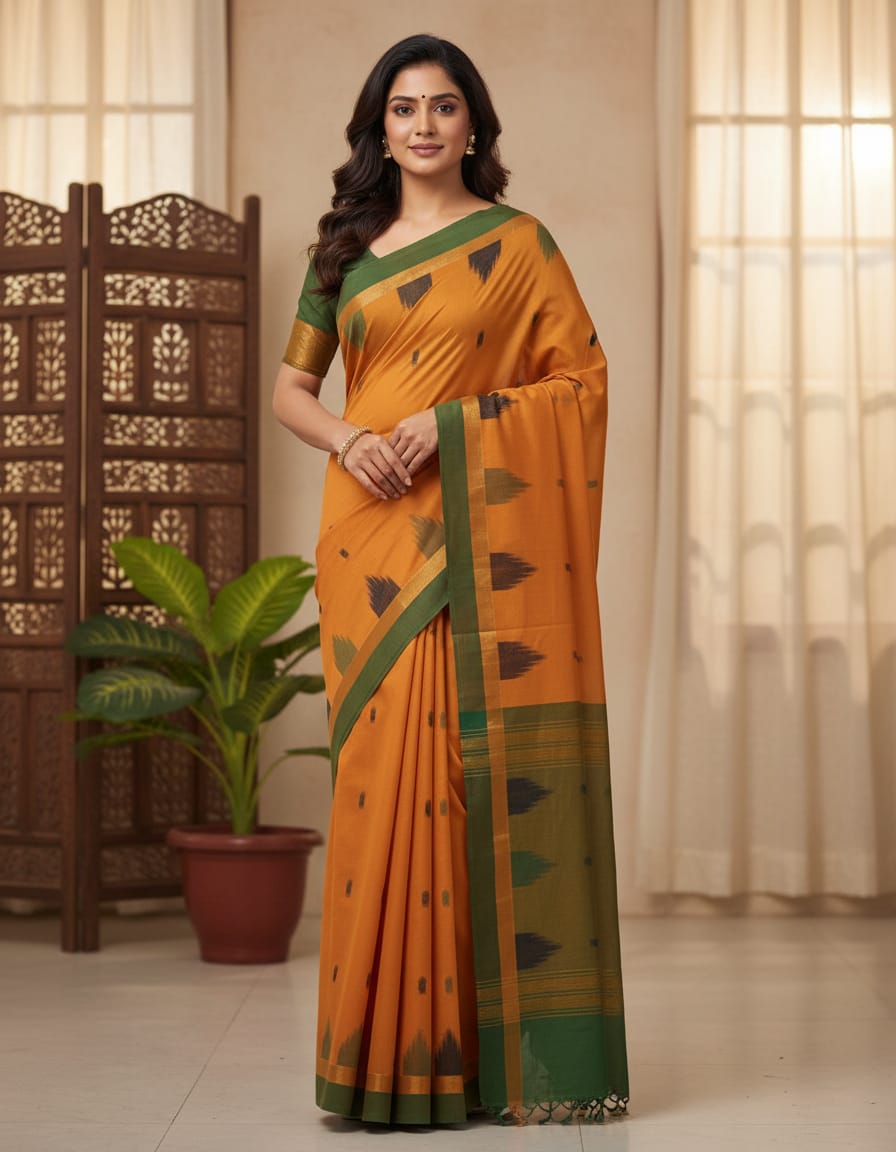Yellow Buti Saree with Green Fancy Border & Rich Pallu (With Blouse Piece)
