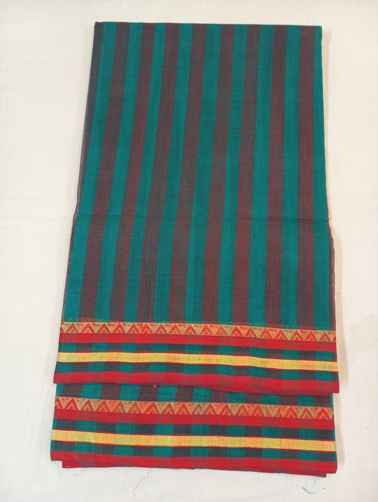 Turkish Green Striped Saree with Red & Golden Border