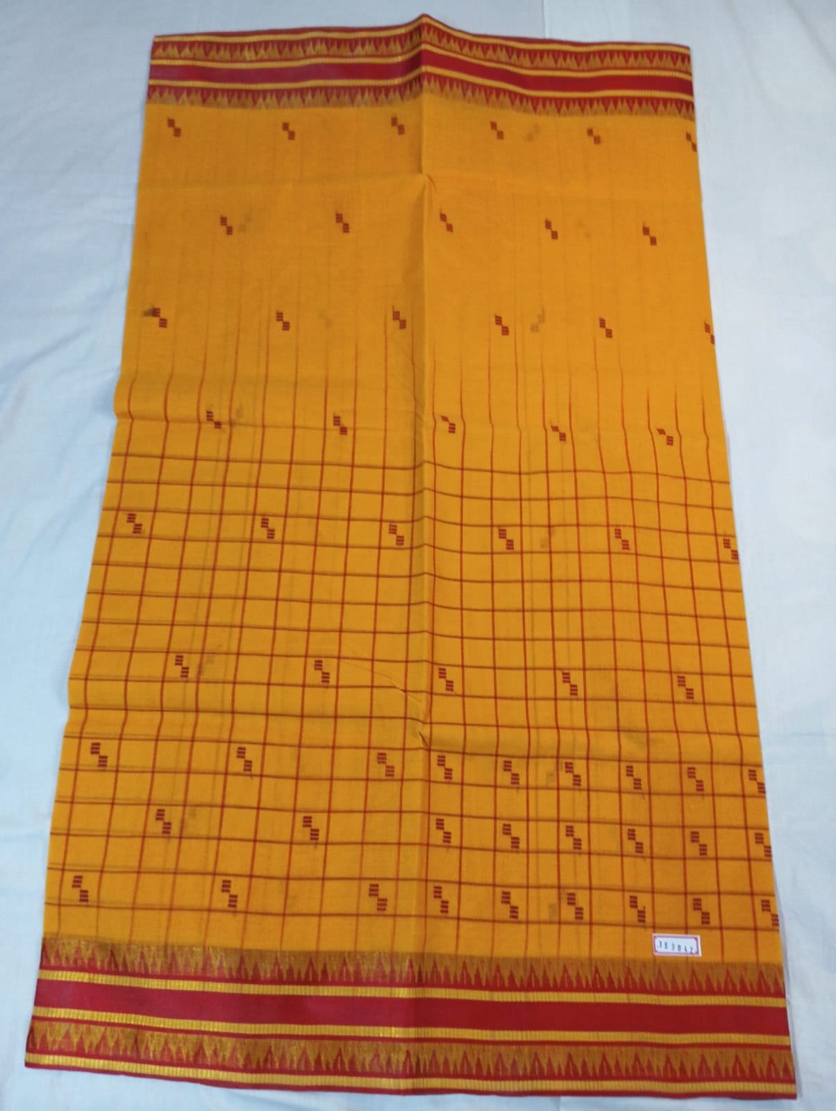 Yellow Half Checked & Half Plain Handloom Saree with Red Buti and Red Border
