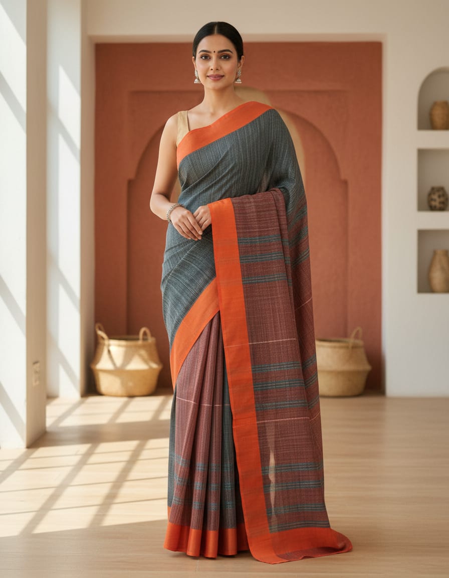 Small Chequered Dark Grey Saree with Orange Border