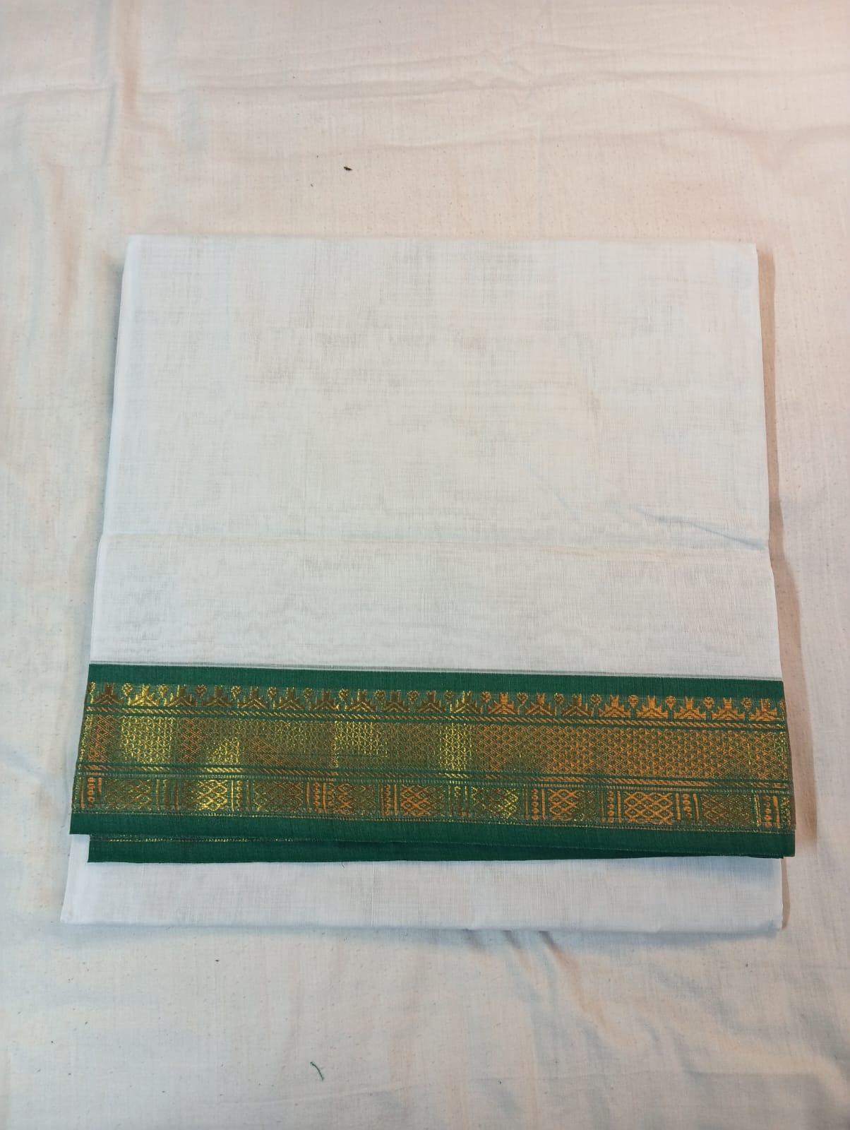 Elegant White Saree with Green & Golden Border (With Blouse Piece)