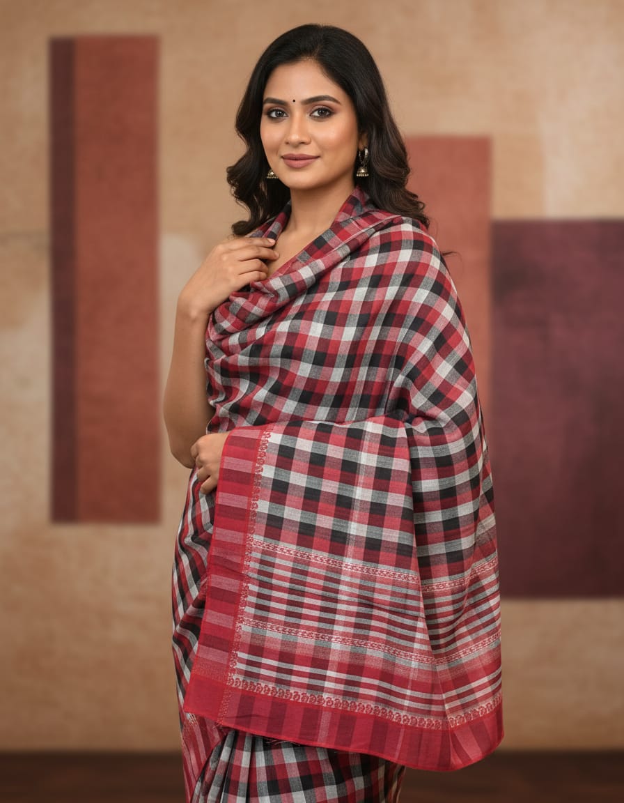 Double Color Black & Red Medium Check Saree with Red Border